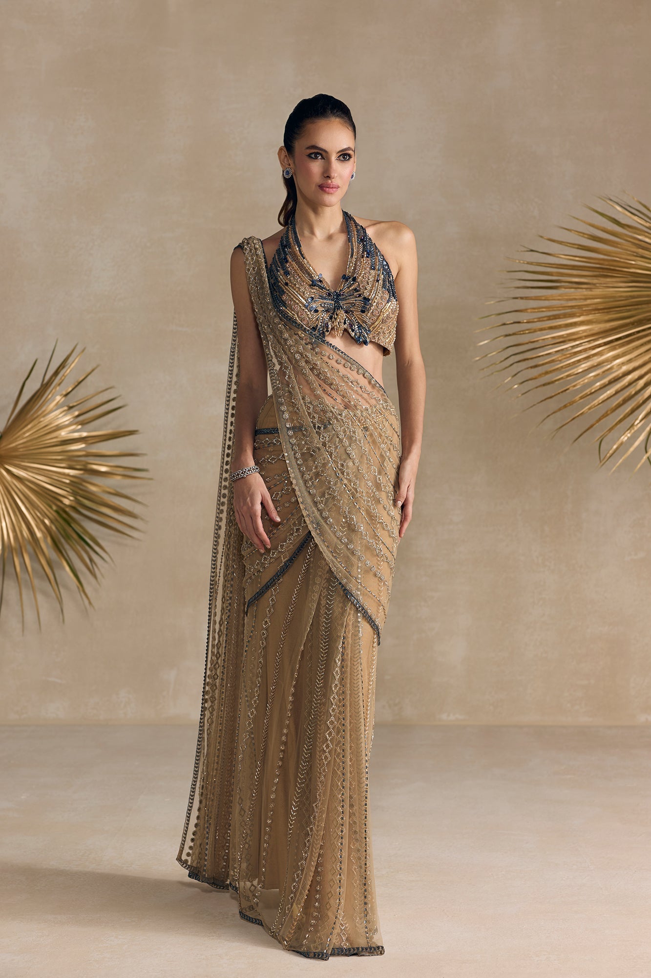 Gold Blue Pre Draped Saree