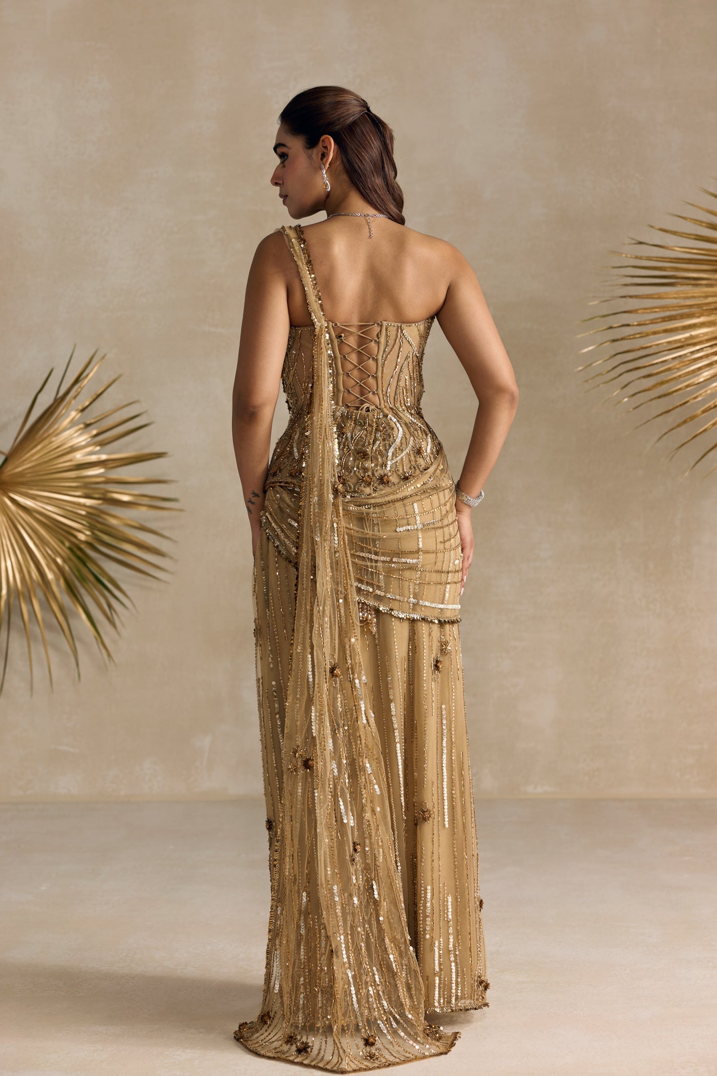 Gold Peplum Corset Pre Draped Saree