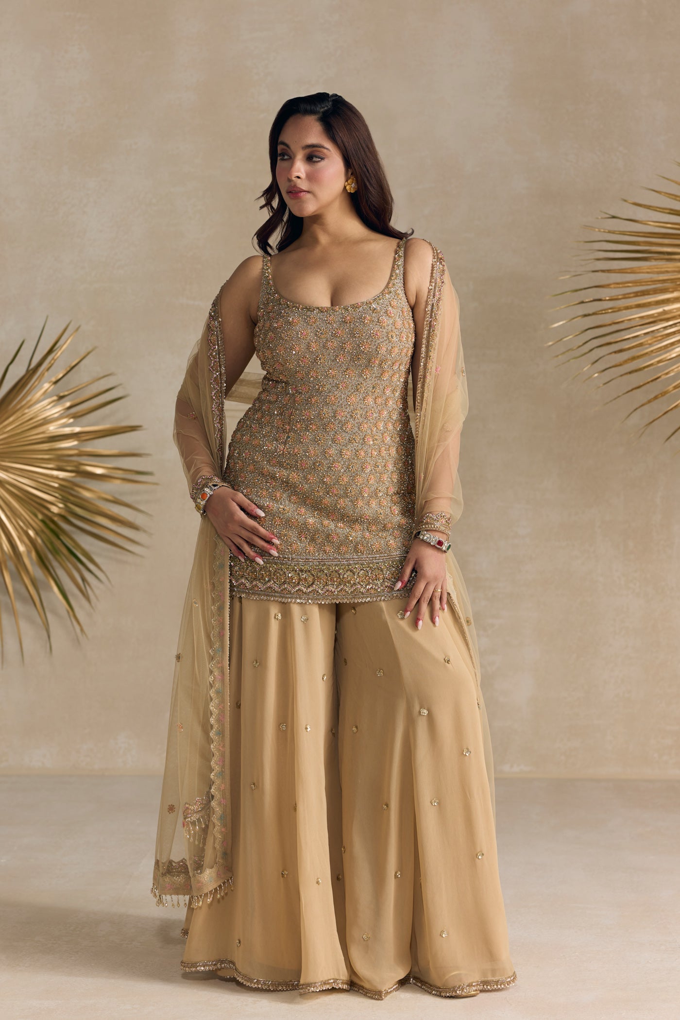 Gold Crystal Embellished Sharara Set