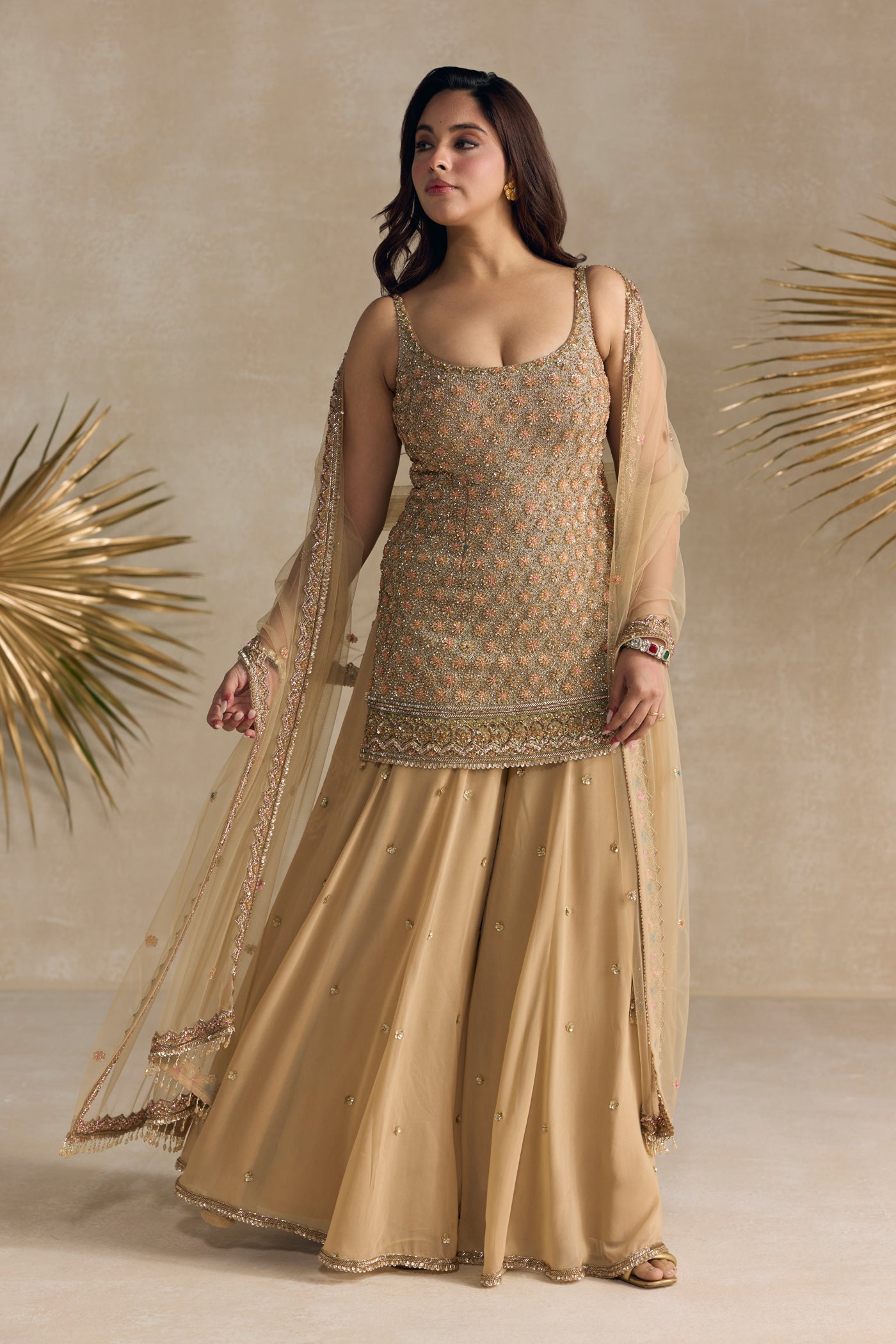 Gold Crystal Embellished Sharara Set