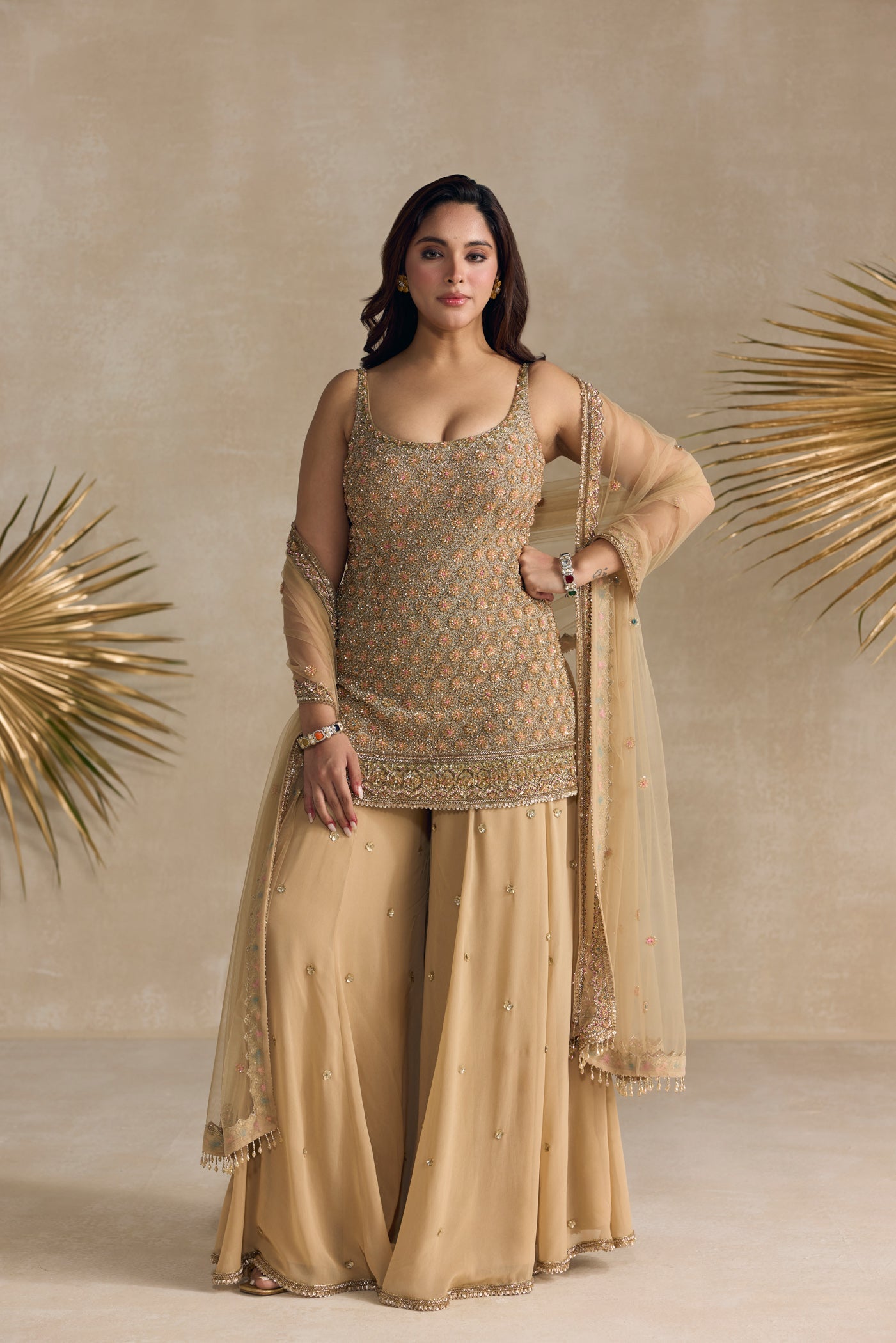 Gold Crystal Embellished Sharara Set
