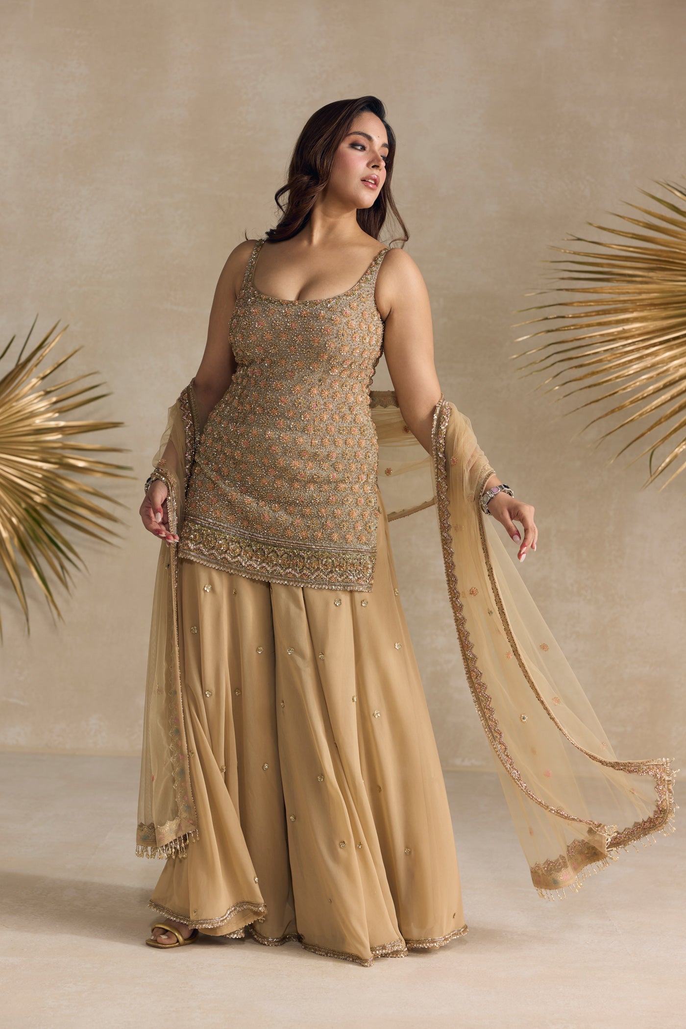 Gold Crystal Embellished Sharara Set