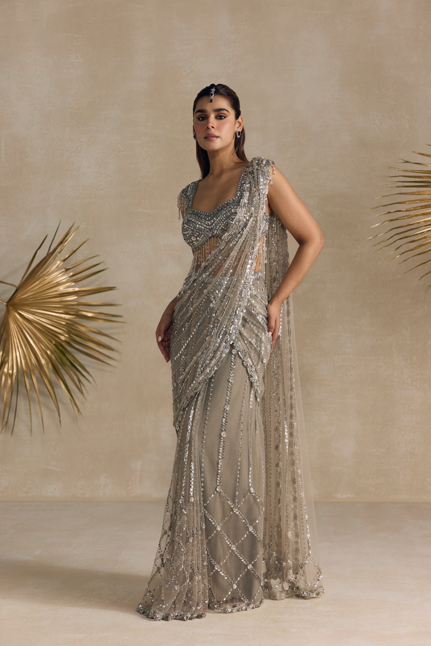 Silver Crystal Pre Draped Saree