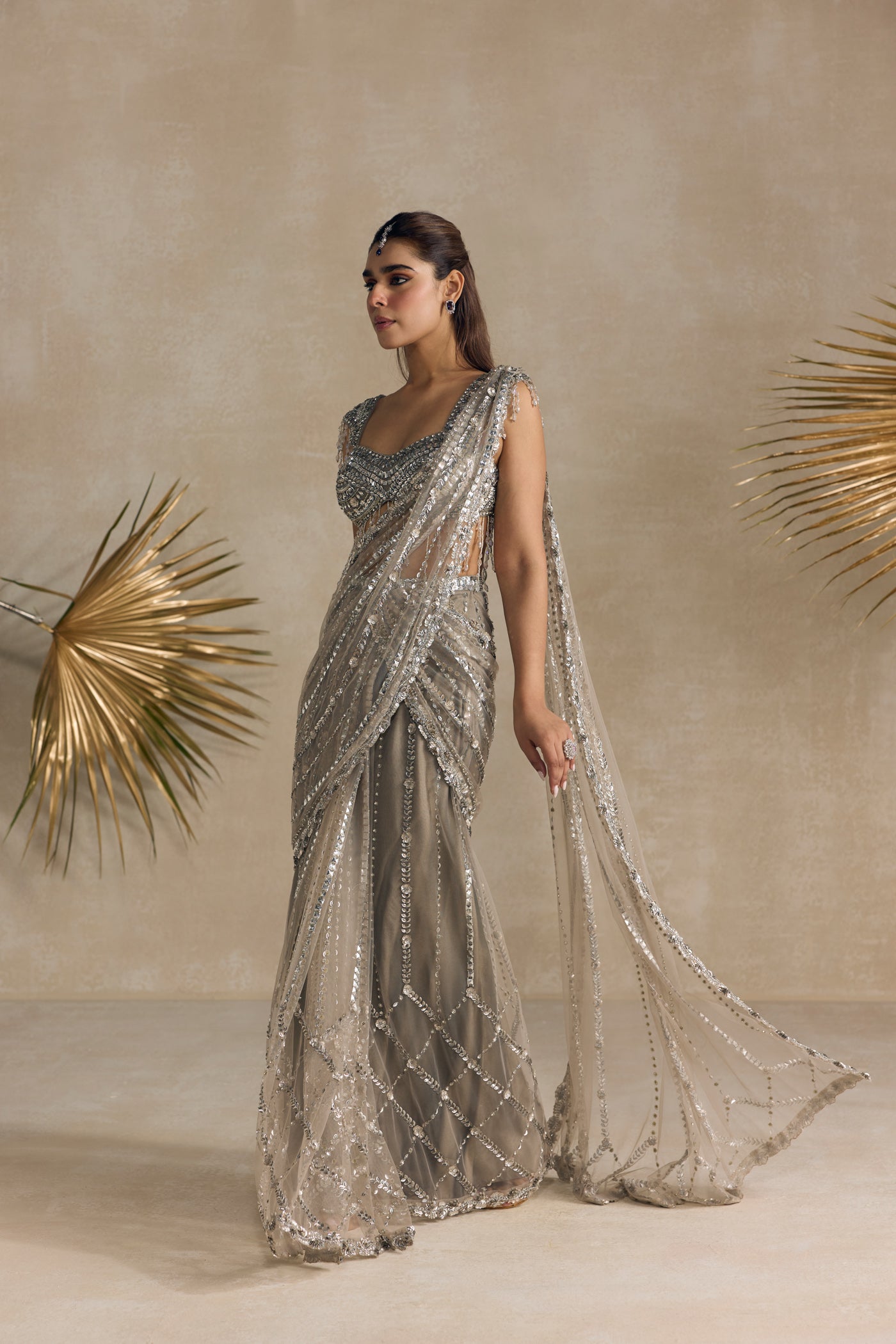 Silver Crystal Pre Draped Saree