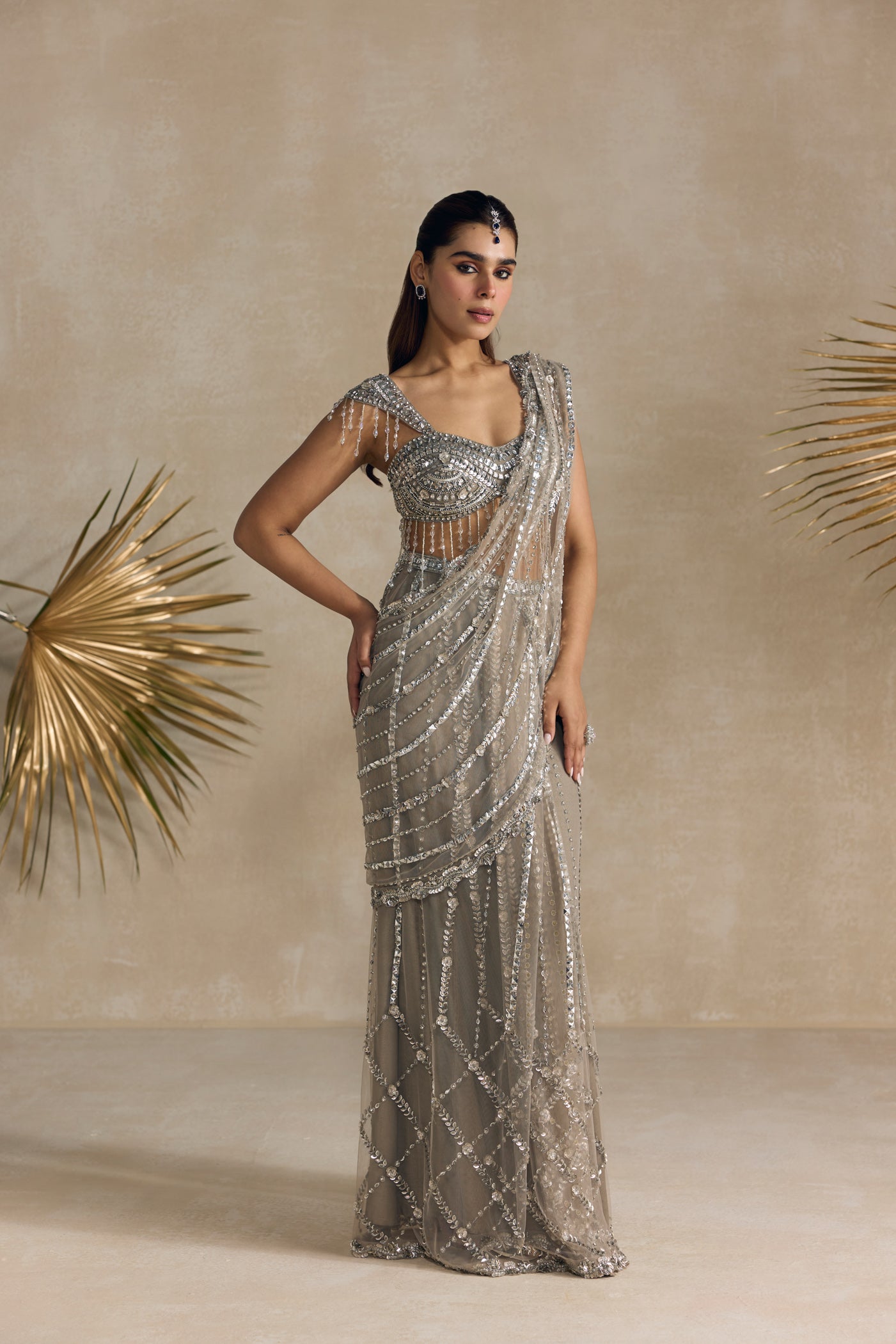 Silver Crystal Pre Draped Saree