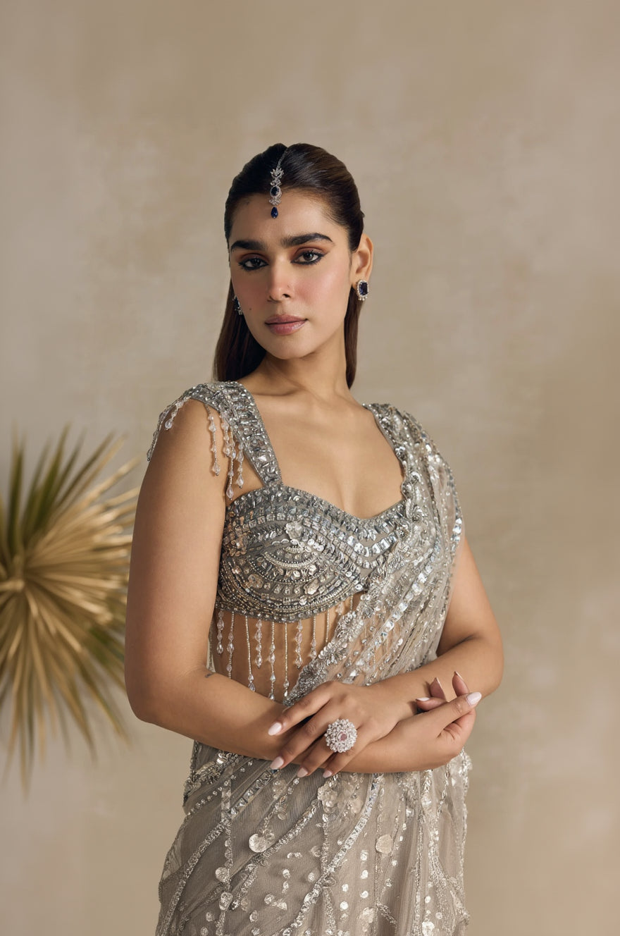Silver Crystal Pre Draped Saree