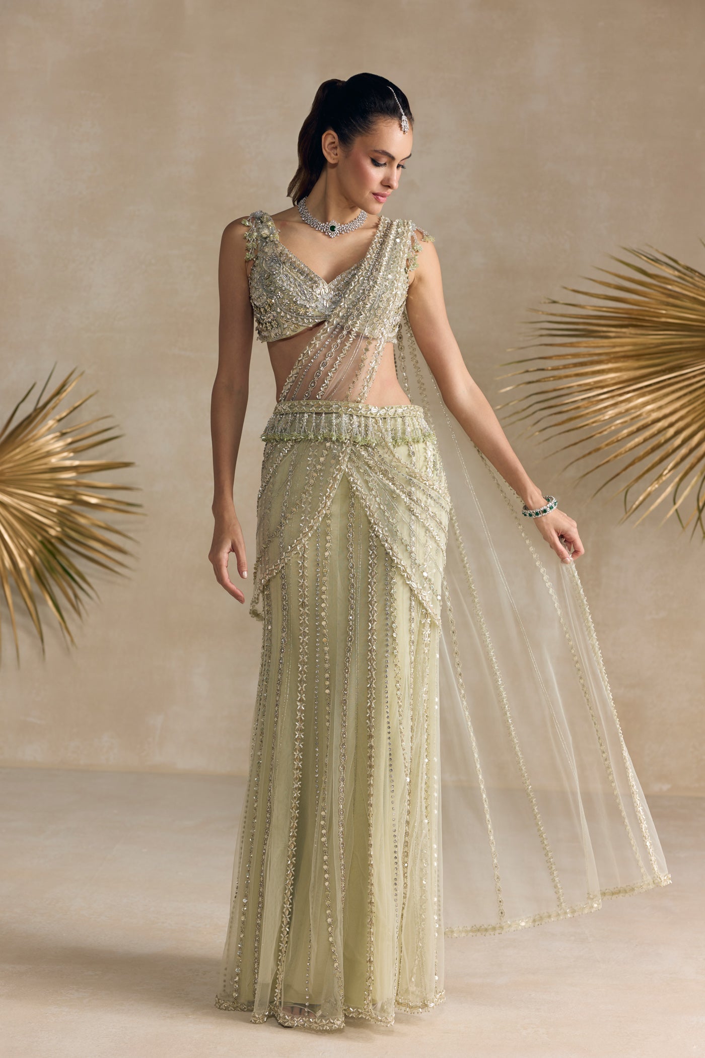 Ivory Green Pre Draped Saree