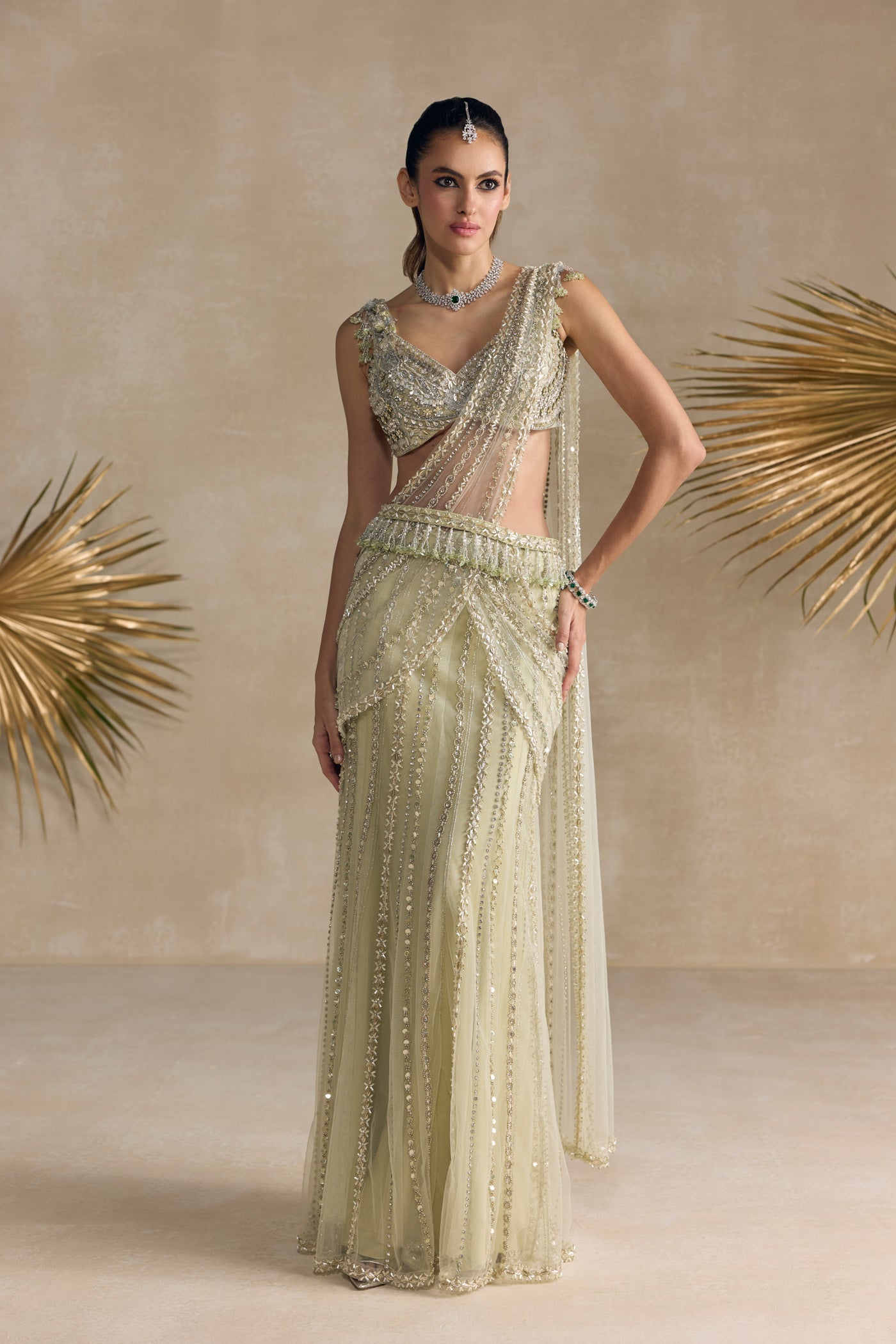 Ivory Green Pre Draped Saree