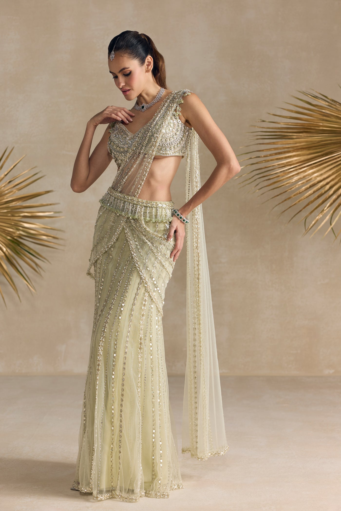 Ivory Green Pre Draped Saree