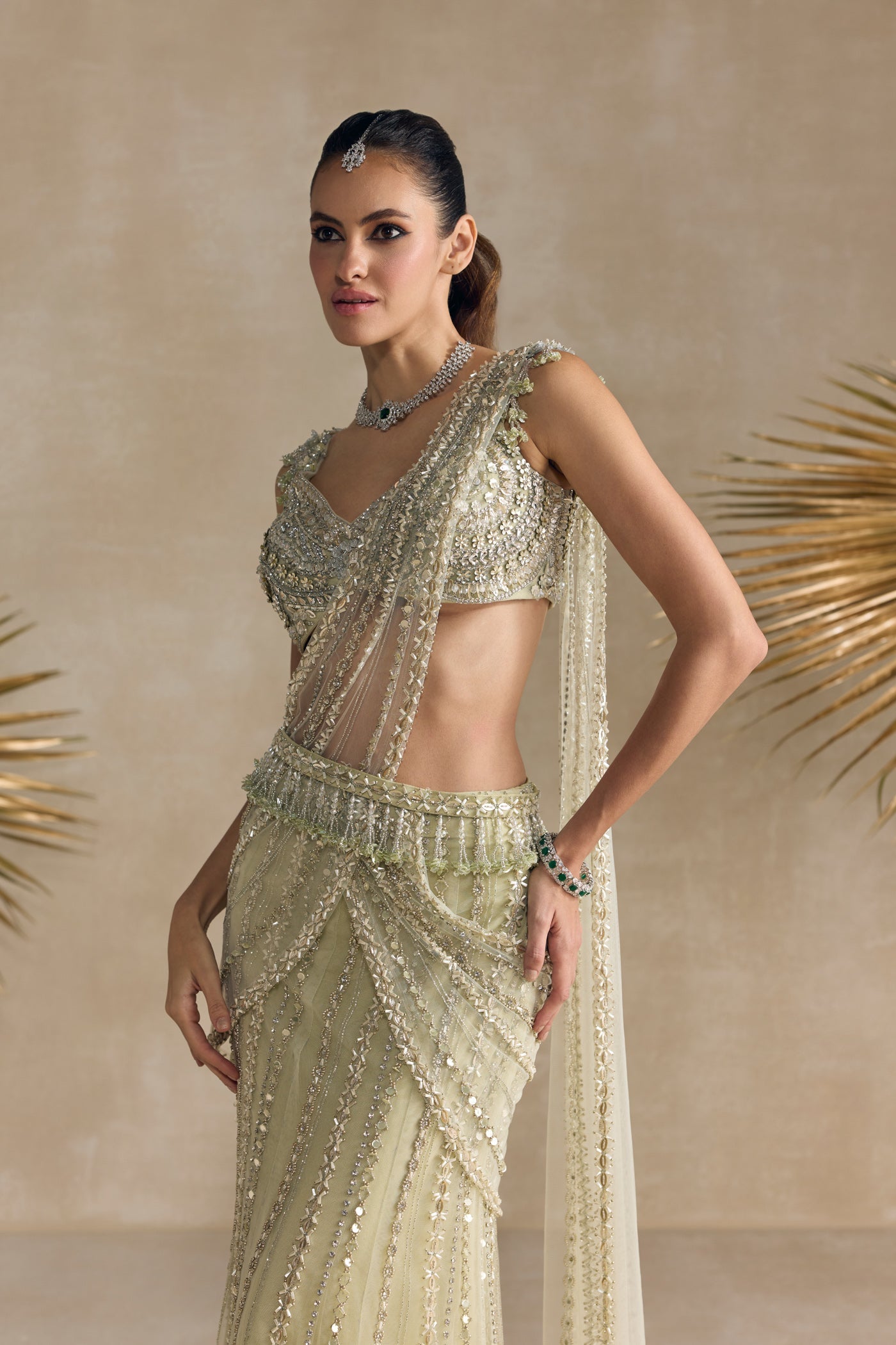 Ivory Green Pre Draped Saree