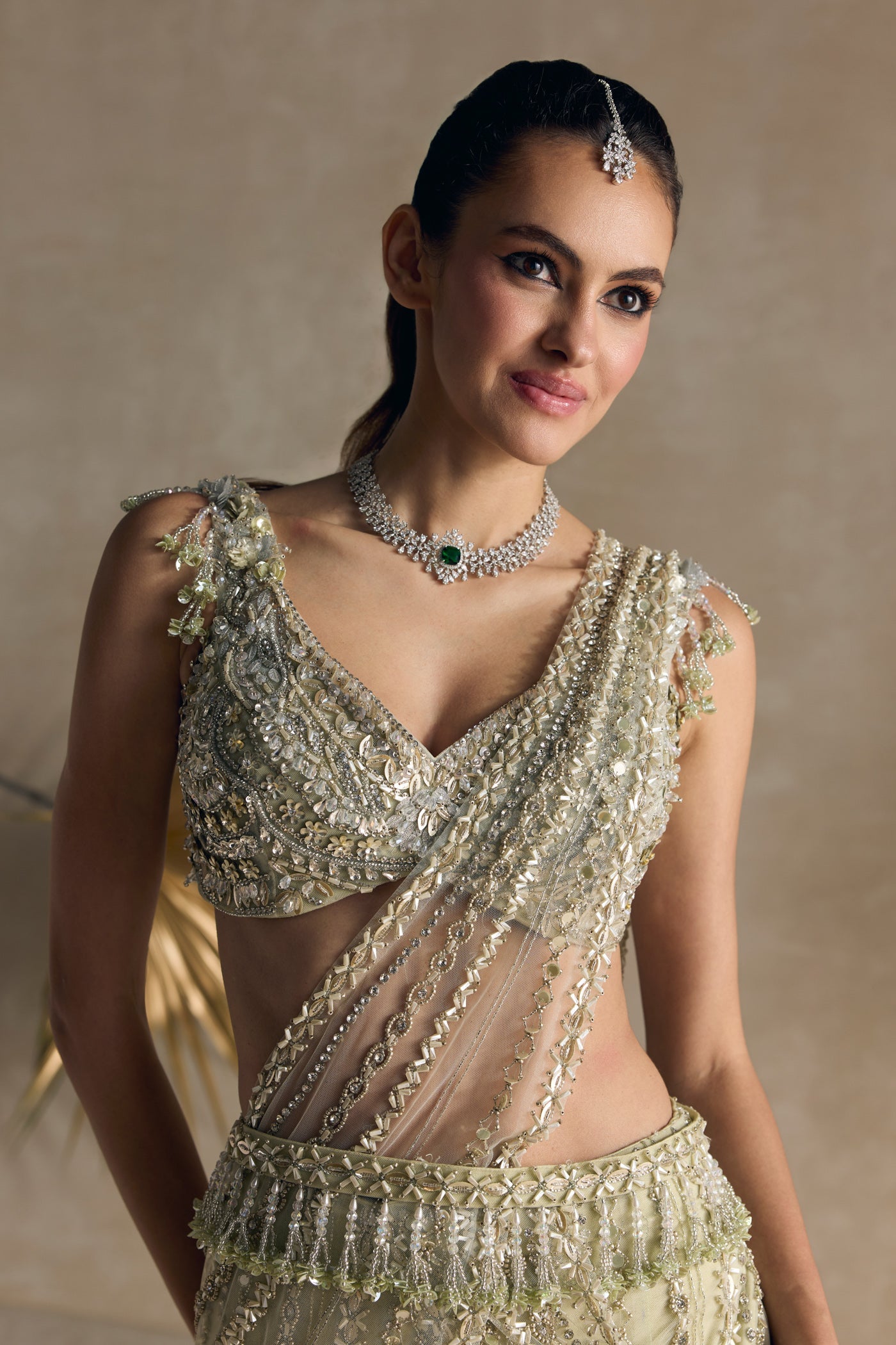 Ivory Green Pre Draped Saree