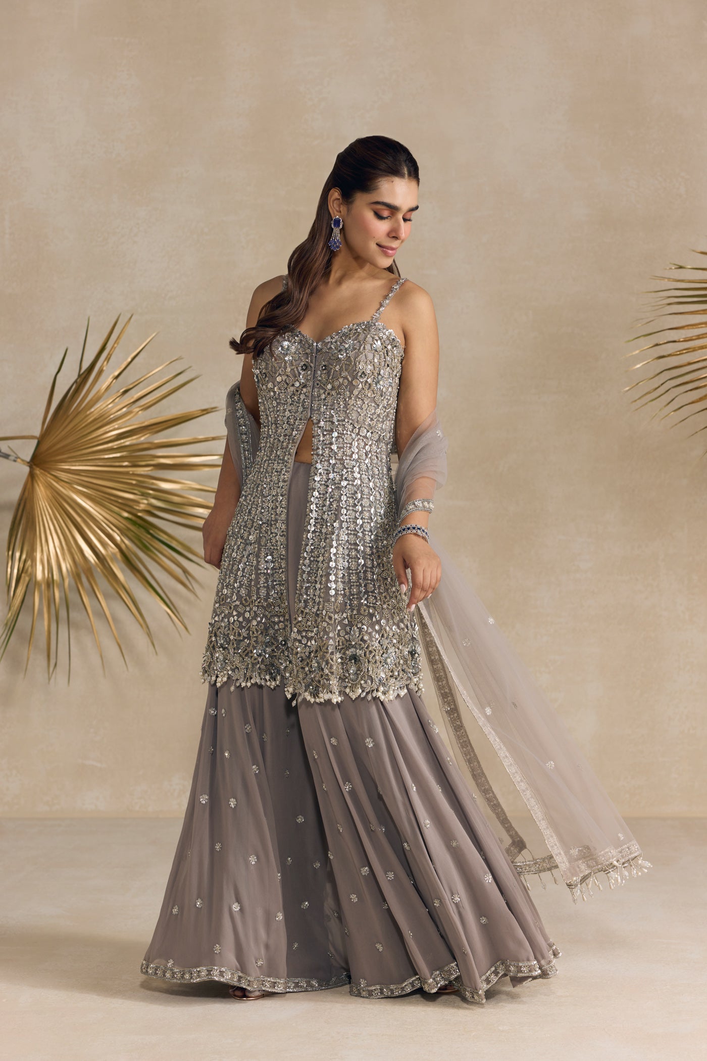 Grey Silver Peplum Sharara Set