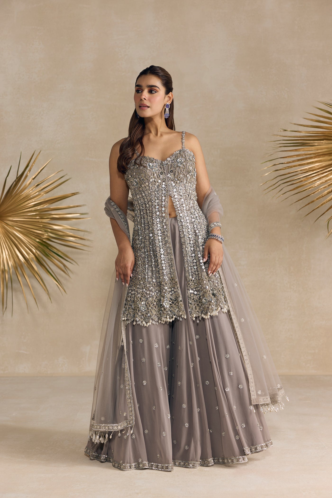 Grey Silver Peplum Sharara Set