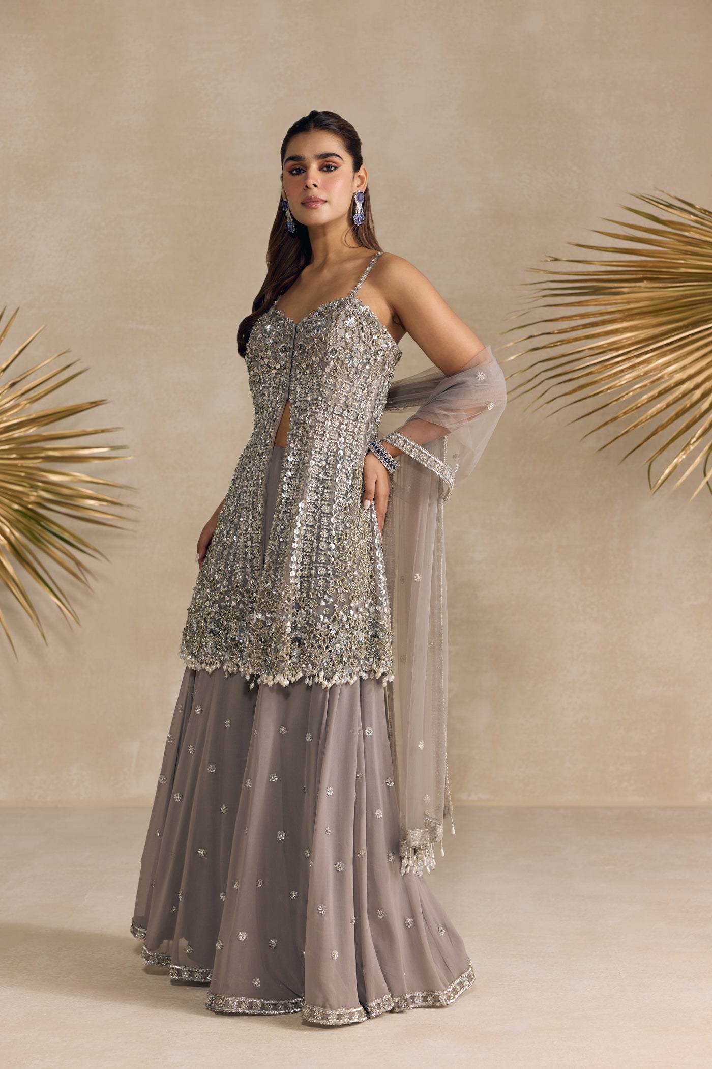 Grey Silver Peplum Sharara Set