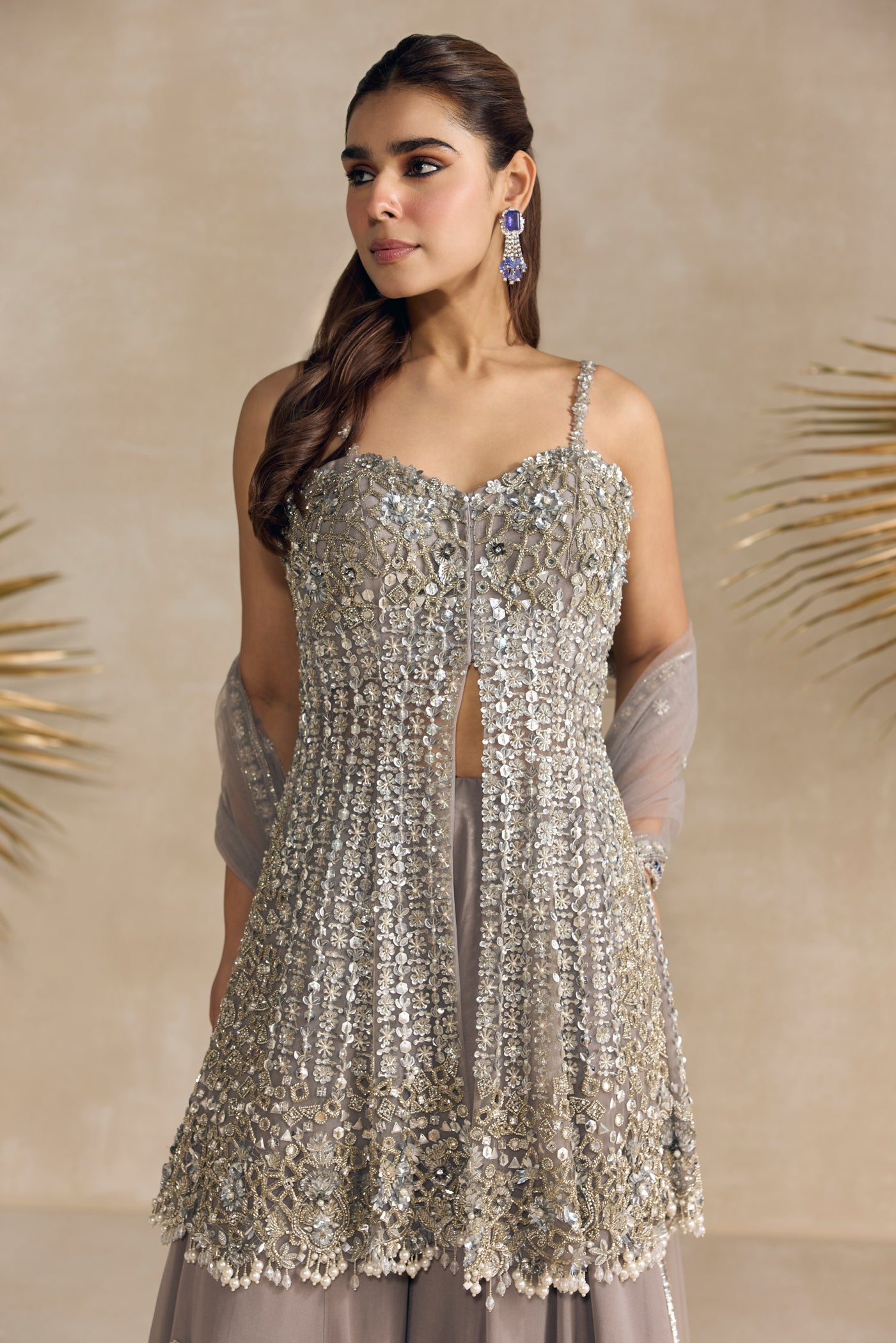 Grey Silver Peplum Sharara Set
