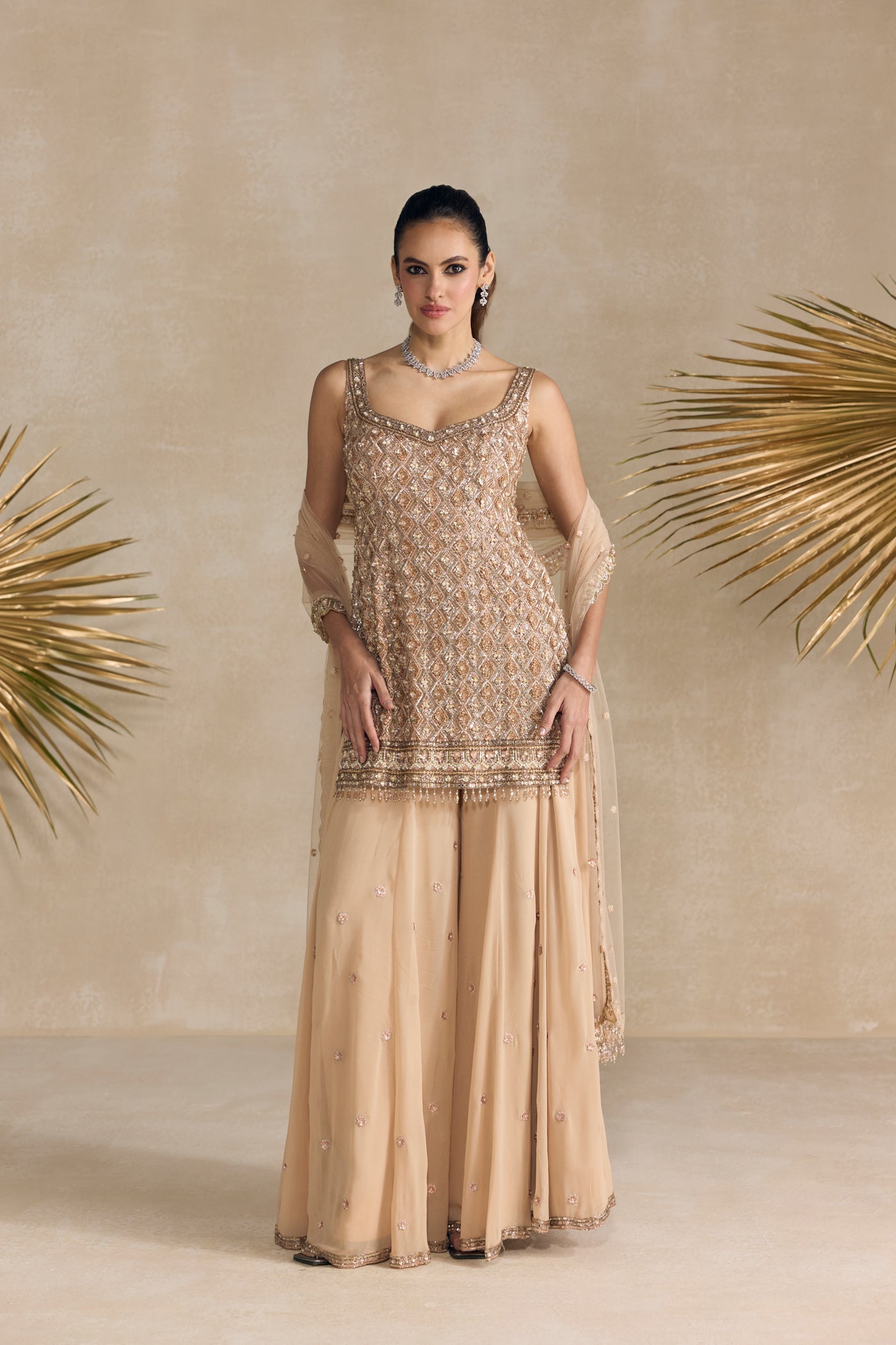 Rose Gold And Peach Sharara Set