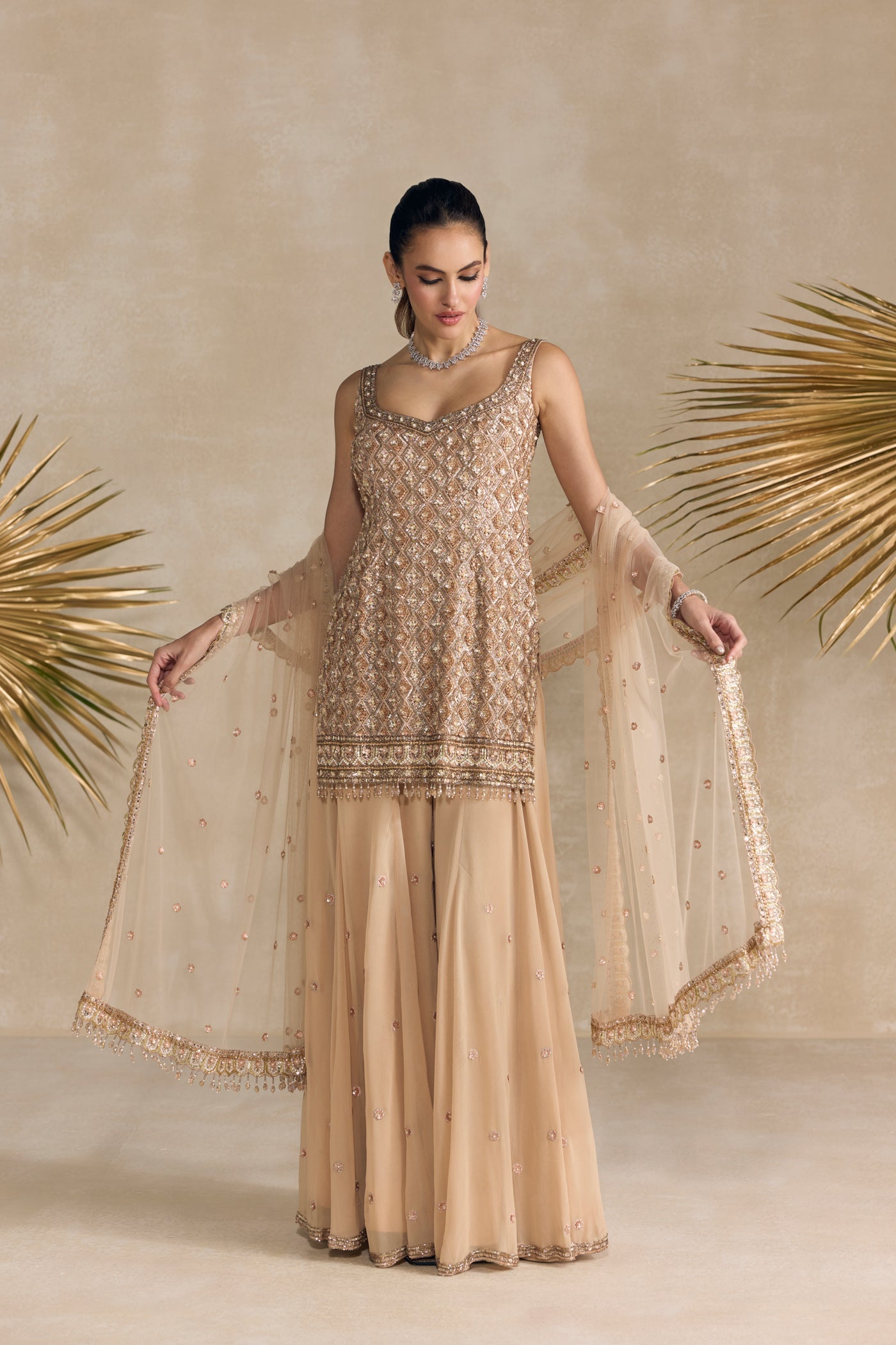 Rose Gold And Peach Sharara Set