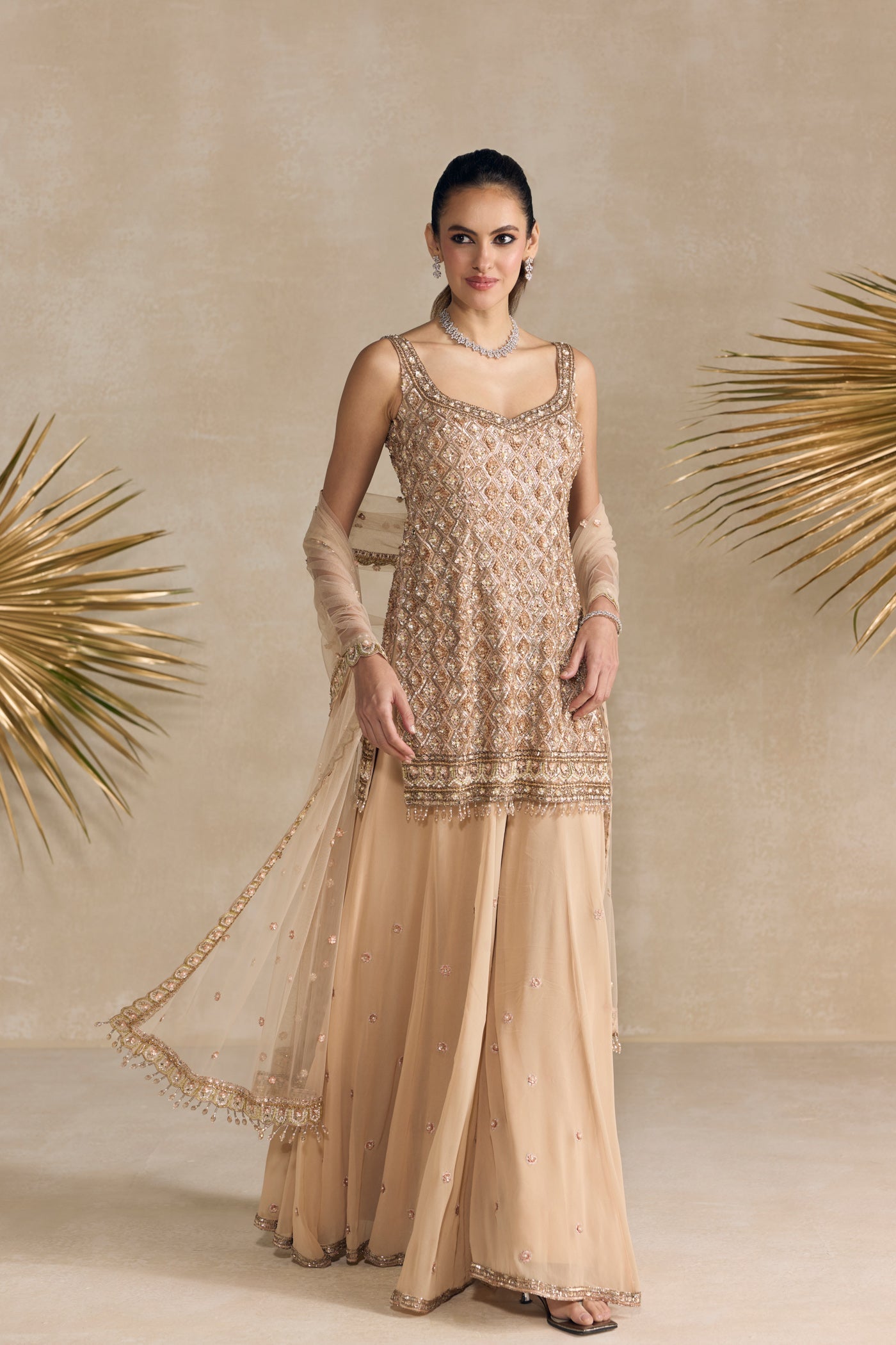Rose Gold And Peach Sharara Set