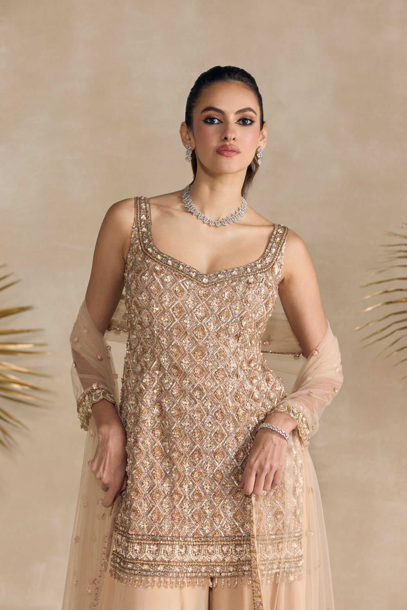 Rose Gold And Peach Sharara Set