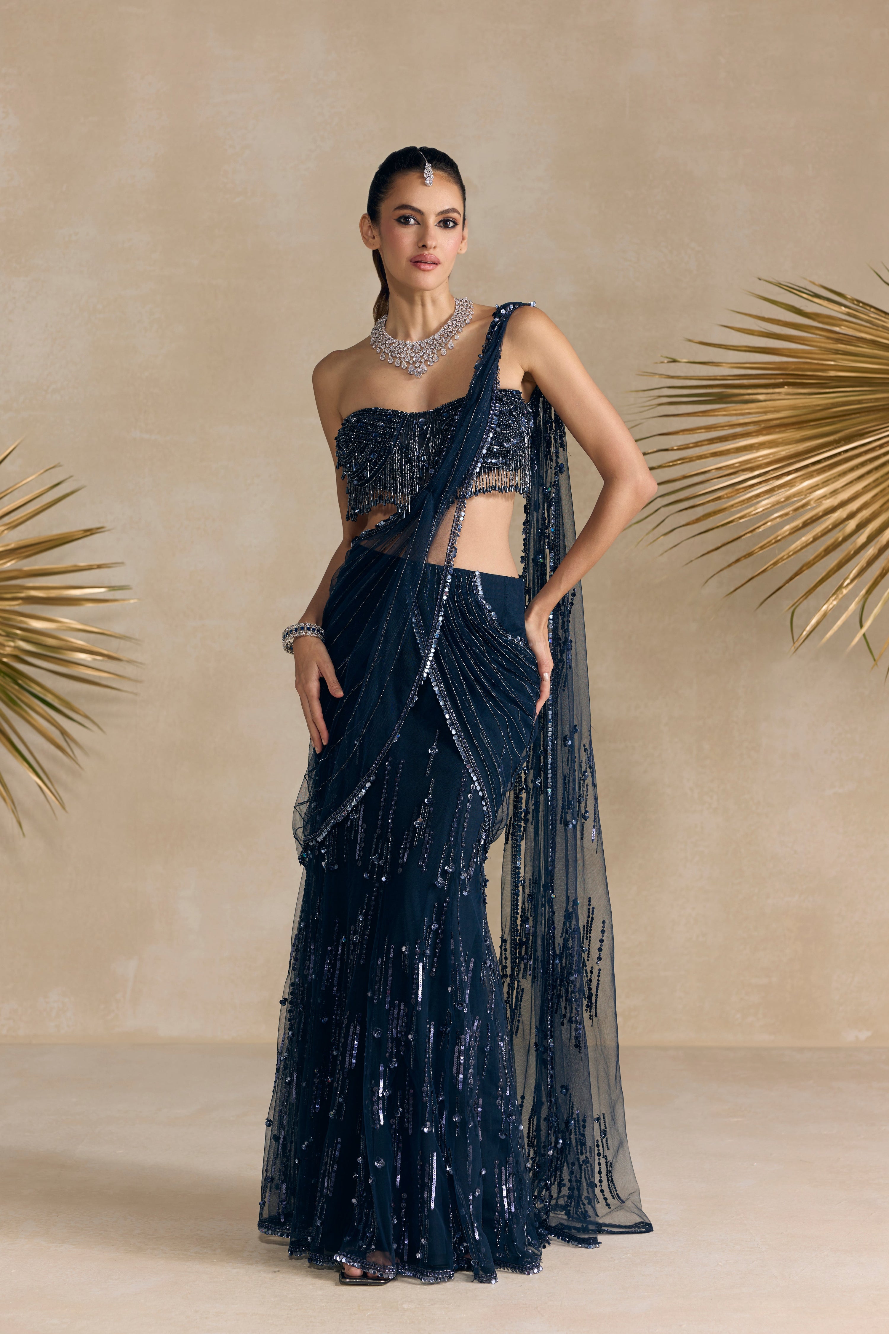Navy Blue Pre Draped Saree