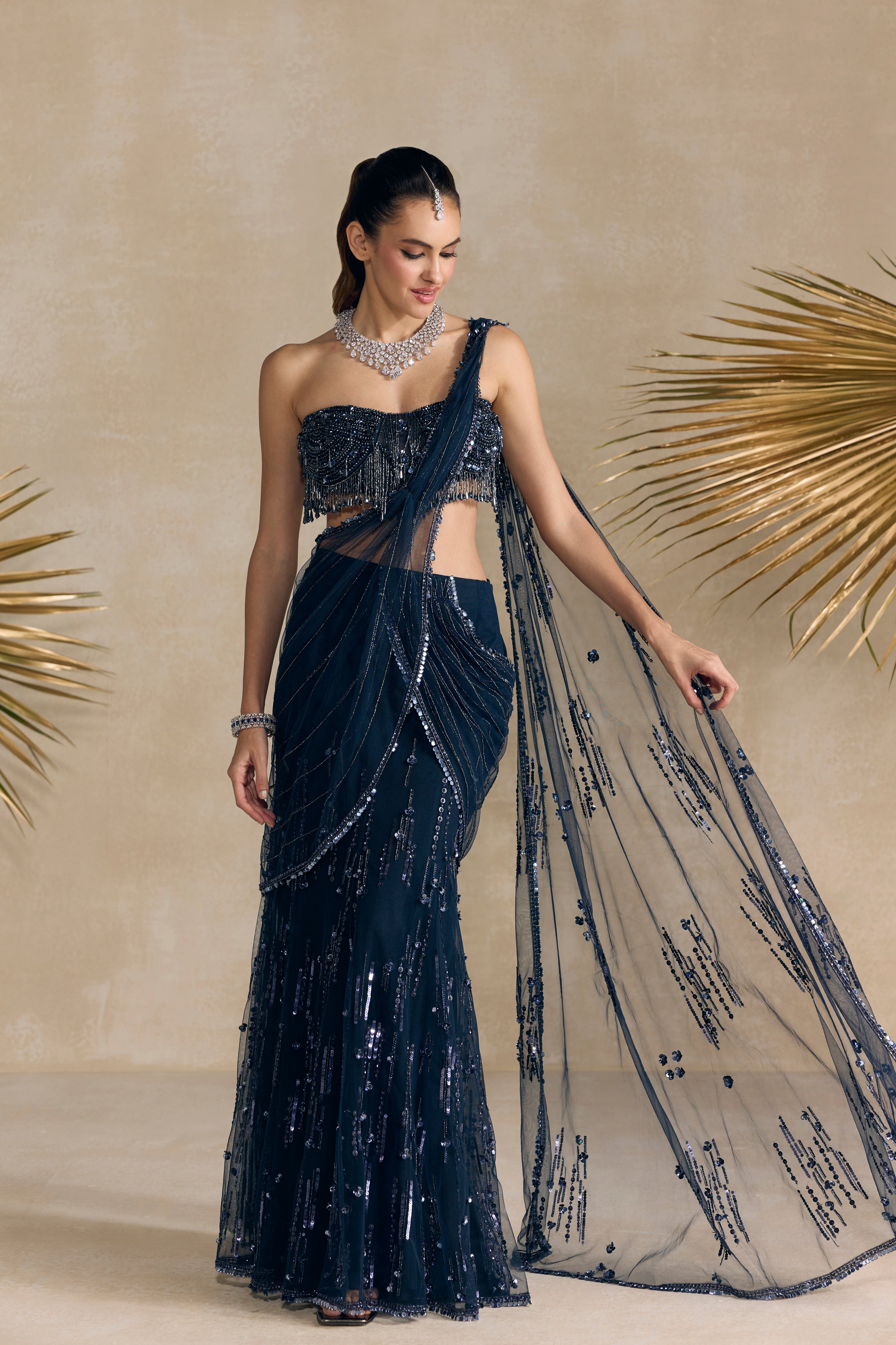 Navy Blue Pre Draped Saree