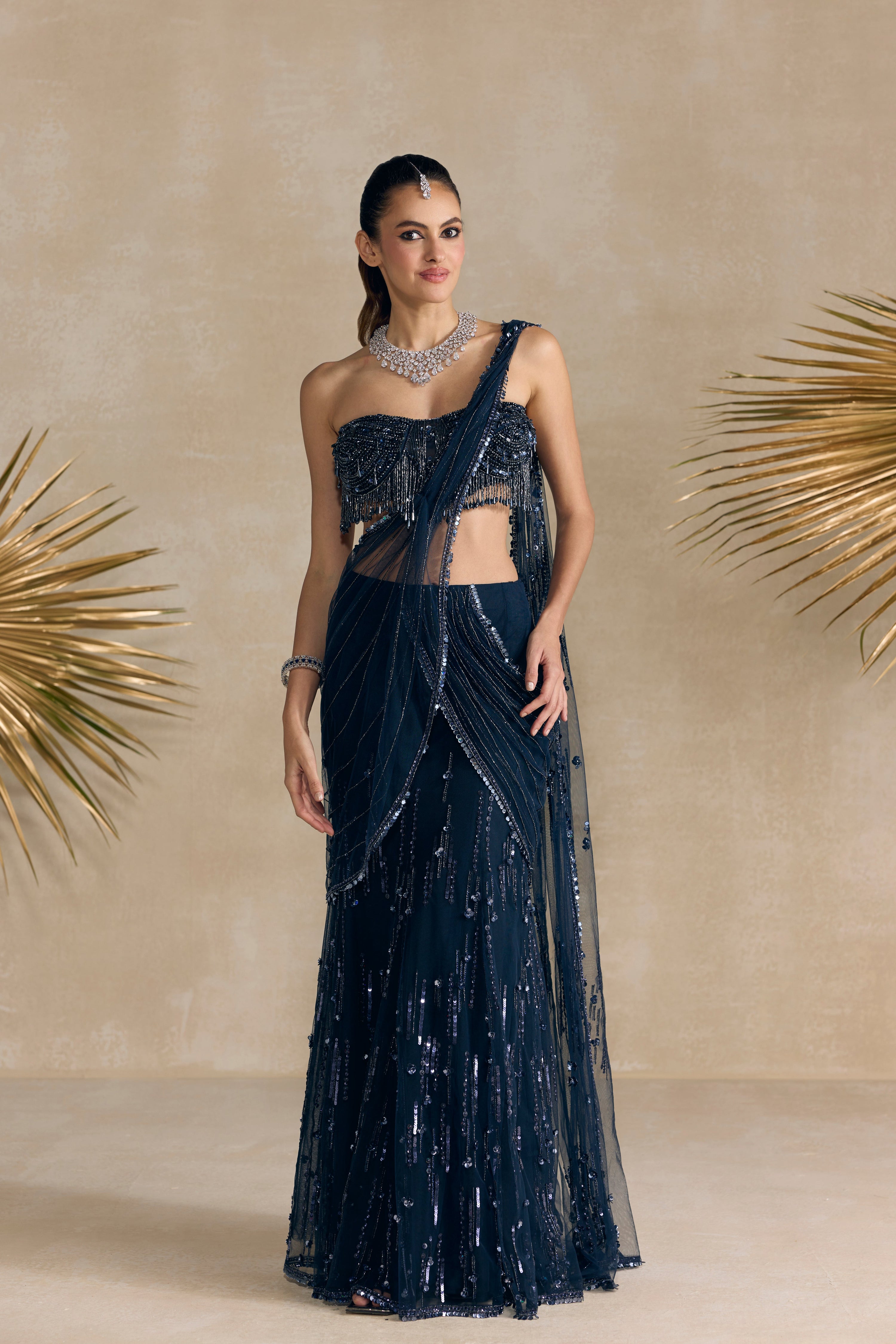 Navy Blue Pre Draped Saree