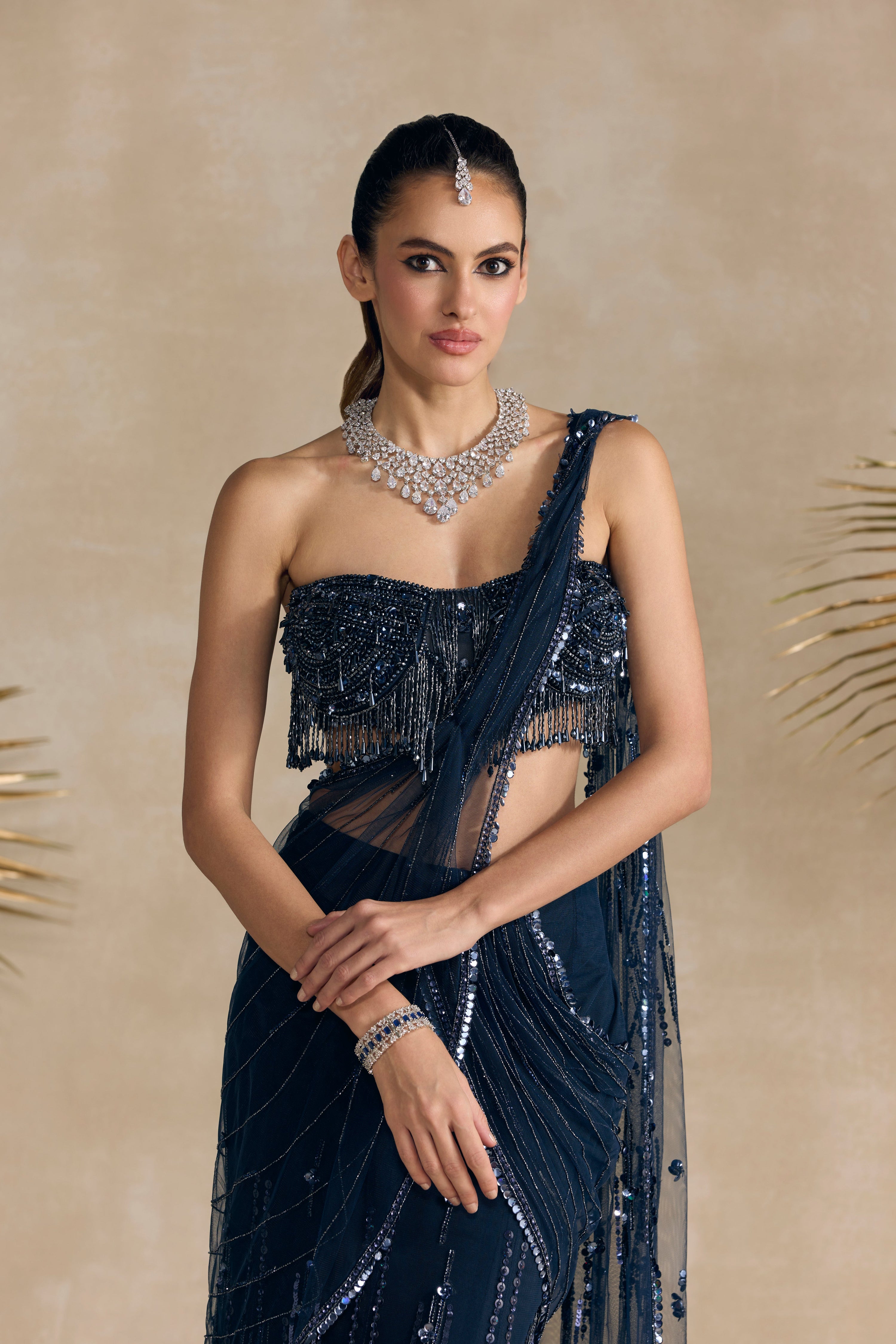 Navy Blue Pre Draped Saree