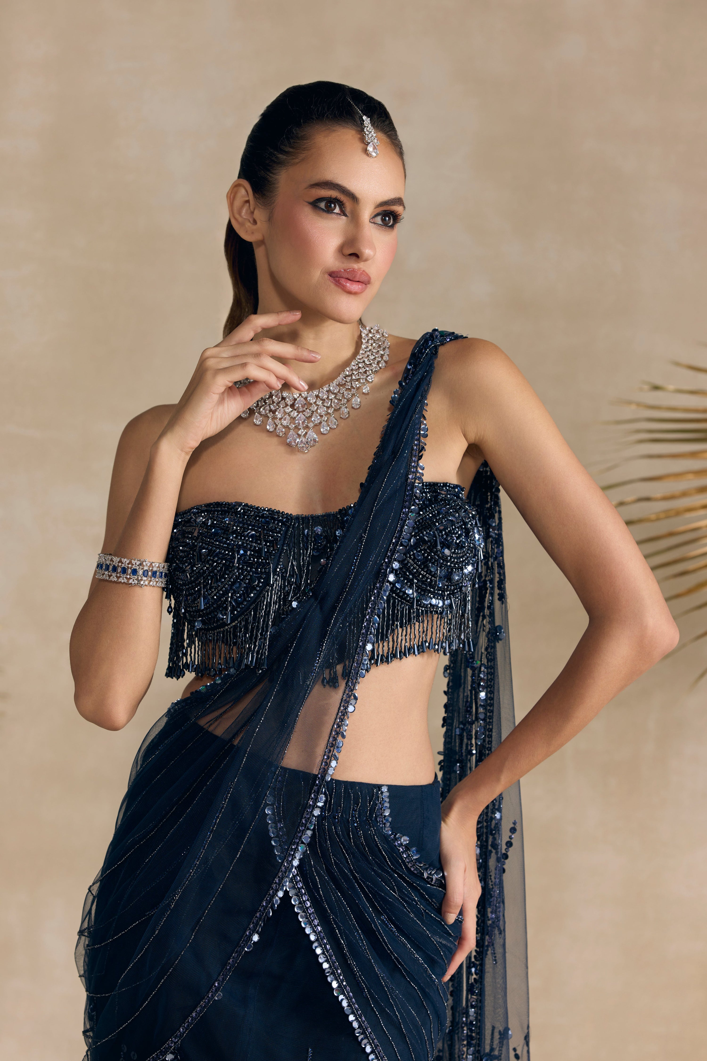 Navy Blue Pre Draped Saree