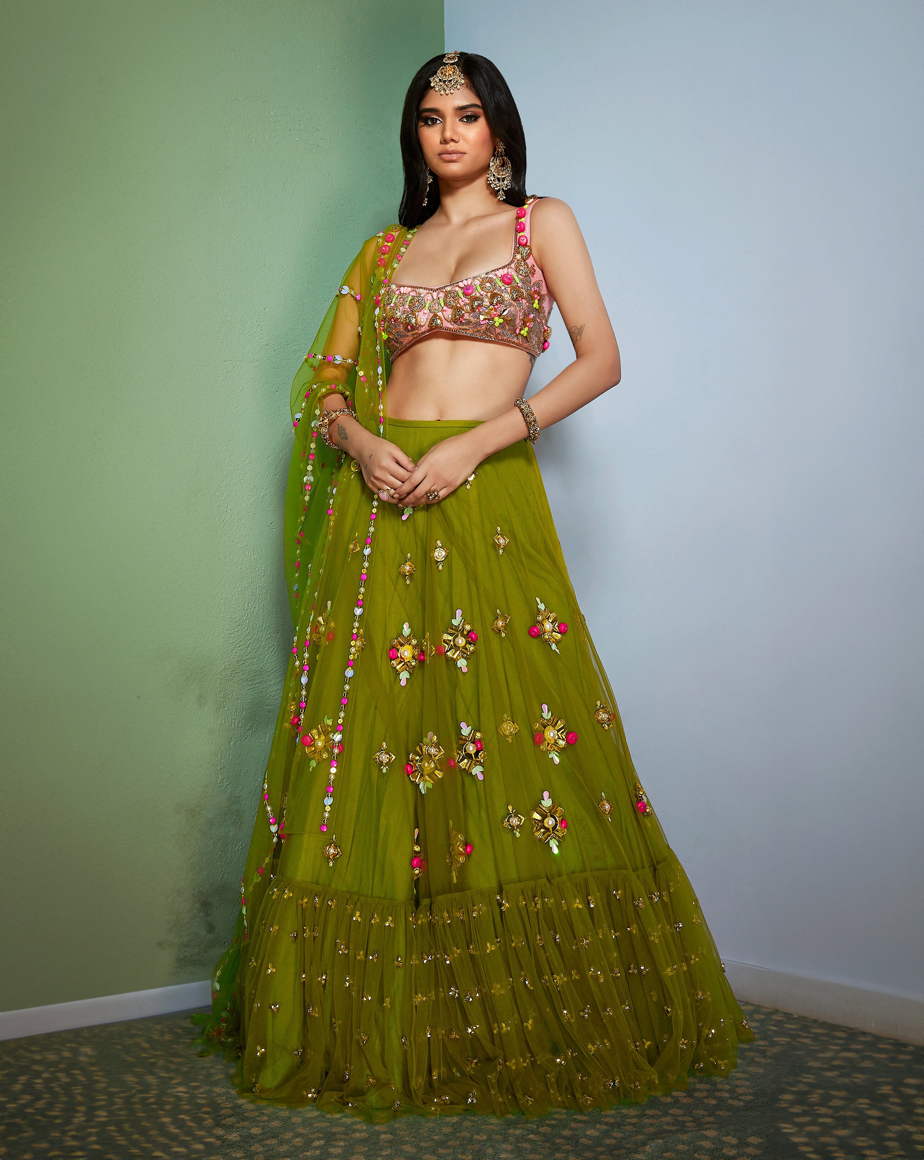 Olivine Green Embellished  Full Lehenga Set