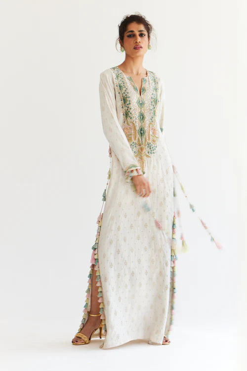 Saira Off-White Chiniya Silk Embroidered Yoke Beyza Kaftan