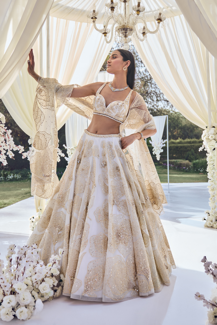 White Gold Floral Lehenga Set Panache by Sharmeen White Gold Floral Lehenga Set Panache by Sharmeen