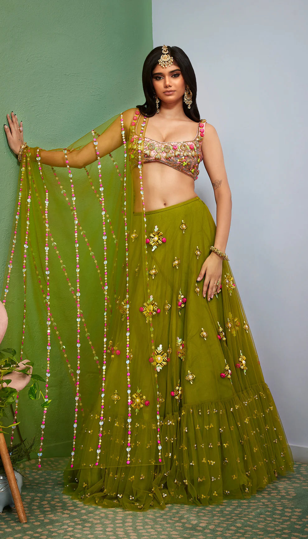 Olivine Green Embellished  Full Lehenga Set