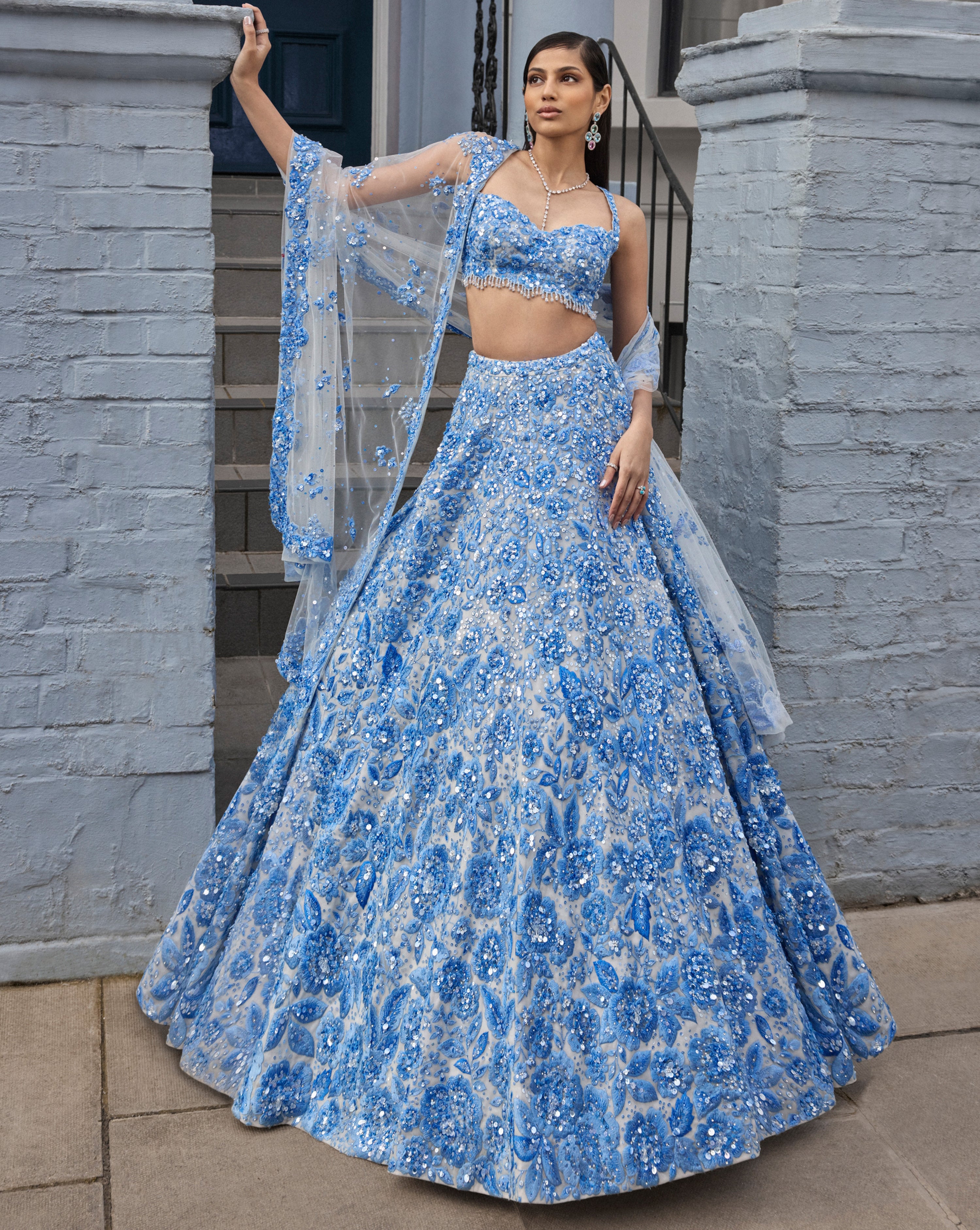 blue and white lehenga dress White and Blue Grand Wedding Ceremony Ready to Wear Lehenga Choli With Heavy Embroidery
