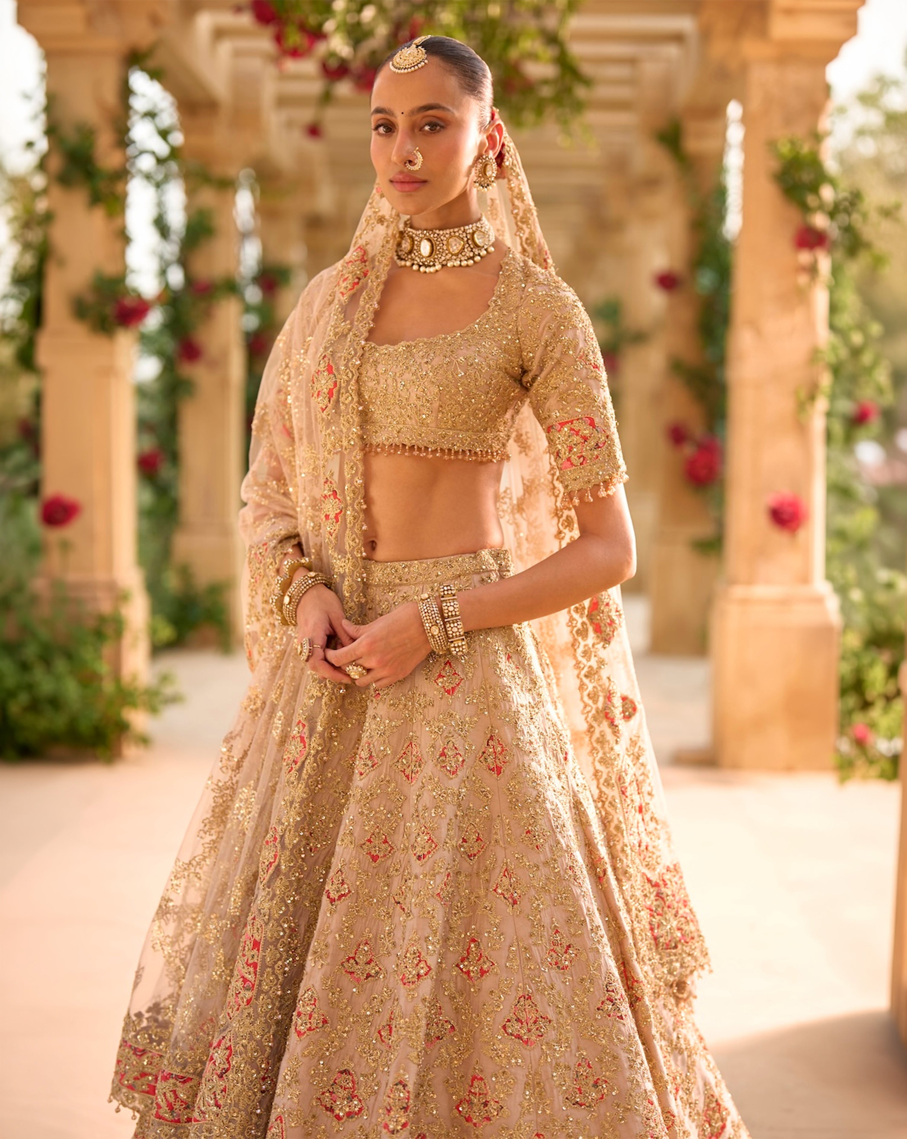 Nude Gold Applique Work Lehenga Set