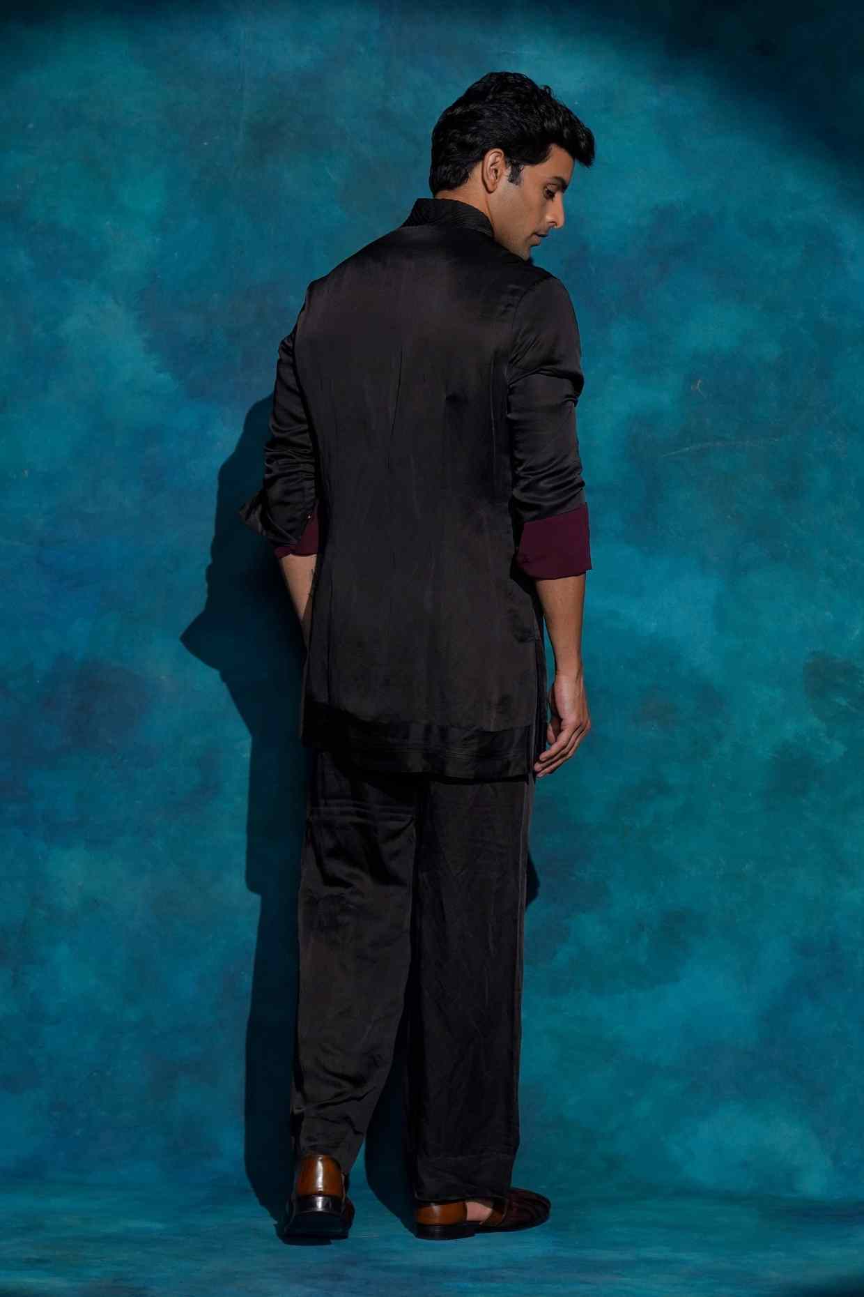 Black Shawl Collar Kurta Set