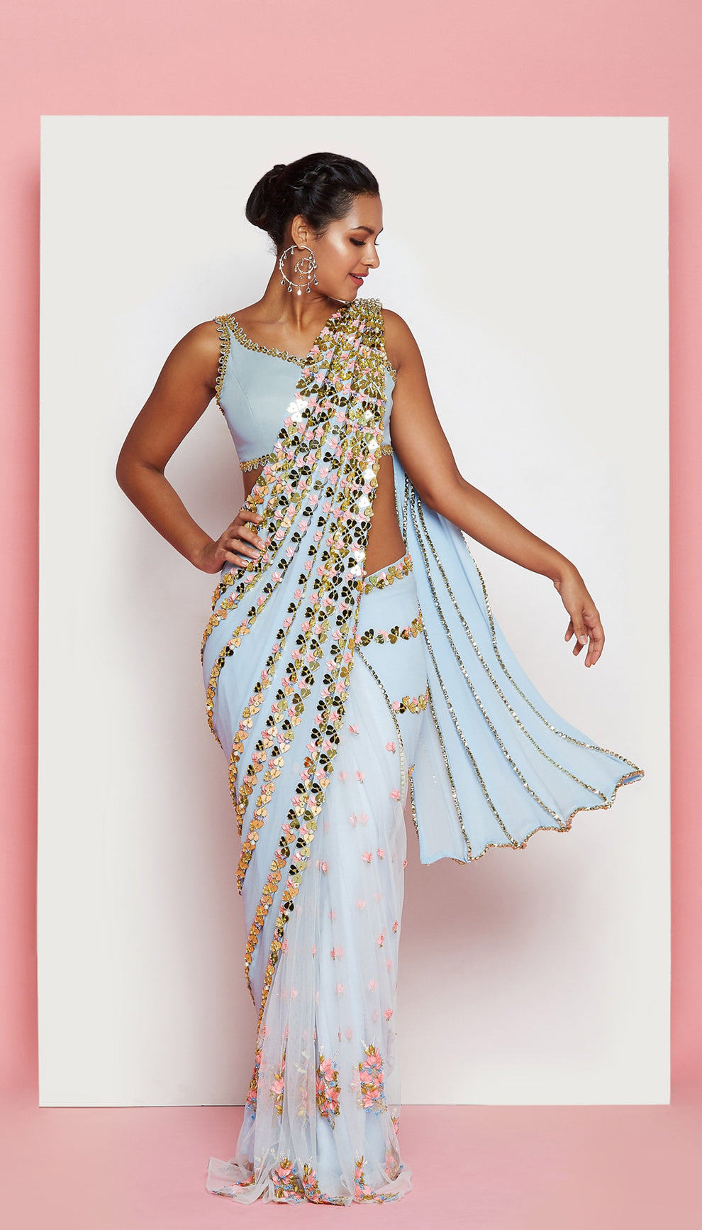 Richa Moorjani - Powder Blue Embroidered Pre-Stitched Saree Set - Ready to Ship