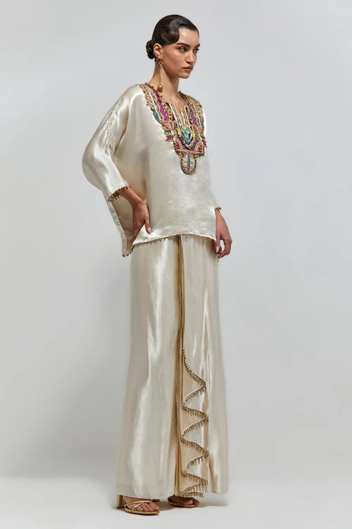 Taraz Champagne Modal Satin Embroidered Yoke Top And Lungi Skirt