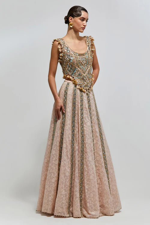 Mehrsa Blush Pink Georgette Half Back Covered Embroidered Choli And Katarwa Lehenga