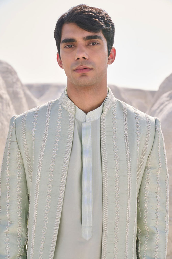 Sea Green Pearl Open Sherwani Set