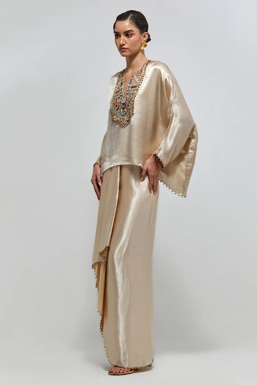 Risa Champagne Modal Satin Embroidered Yoke Top And Lungi Skirt