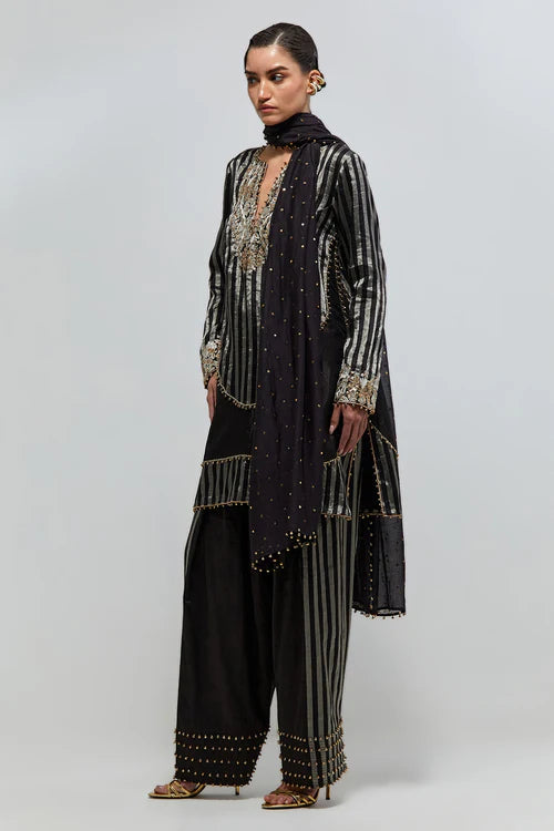 Nysa Black Stripe Tissue Embroidered Kurta With Farshi Salwar And Mukaish Silkmul Dupatta