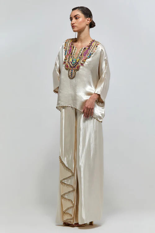 Taraz Champagne Modal Satin Embroidered Yoke Top And Lungi Skirt