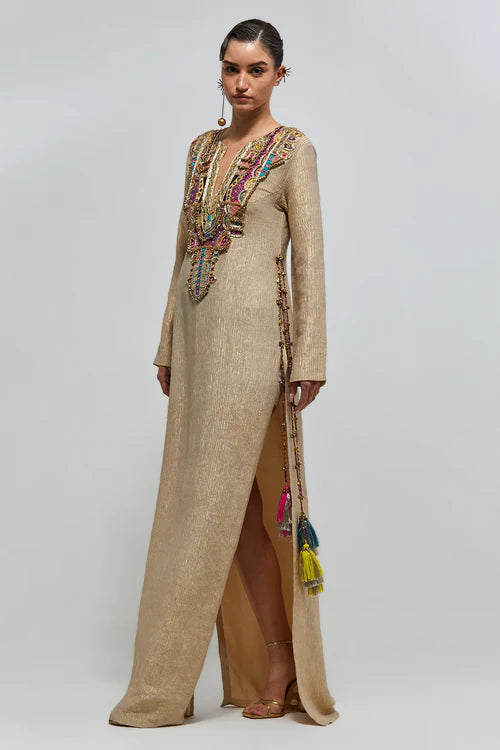 Nouriya Gold Crushed Tissue Embroidered Yoke Beyza Kaftan