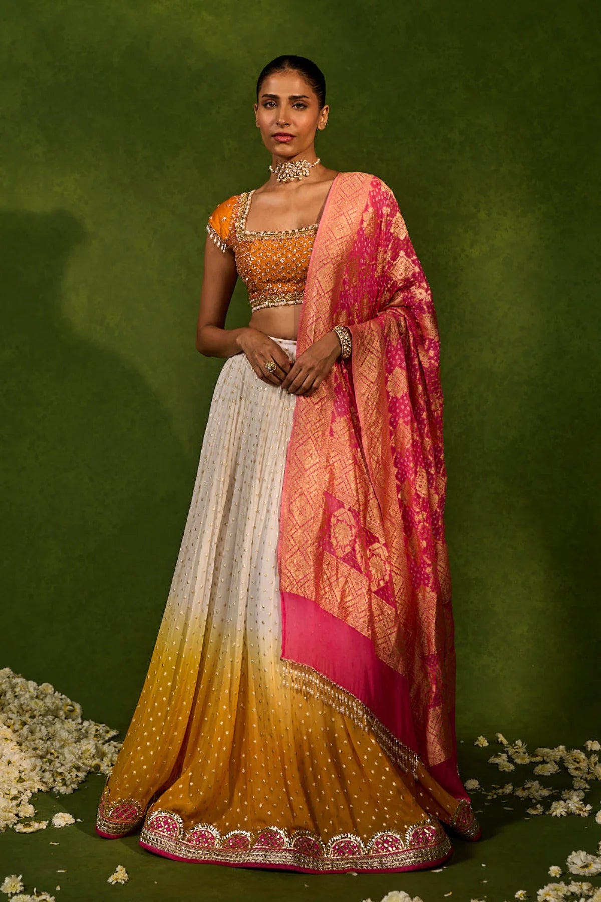 Dip Dye Skirt With Bandhani Dupatta