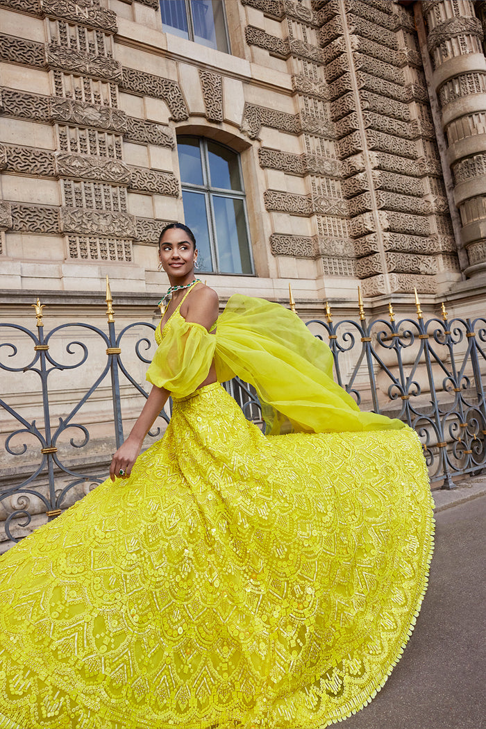 Neon Yellow Sequin Lehenga Set