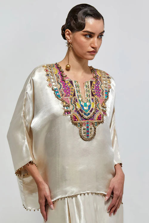 Taraz Champagne Modal Satin Embroidered Yoke Top And Lungi Skirt