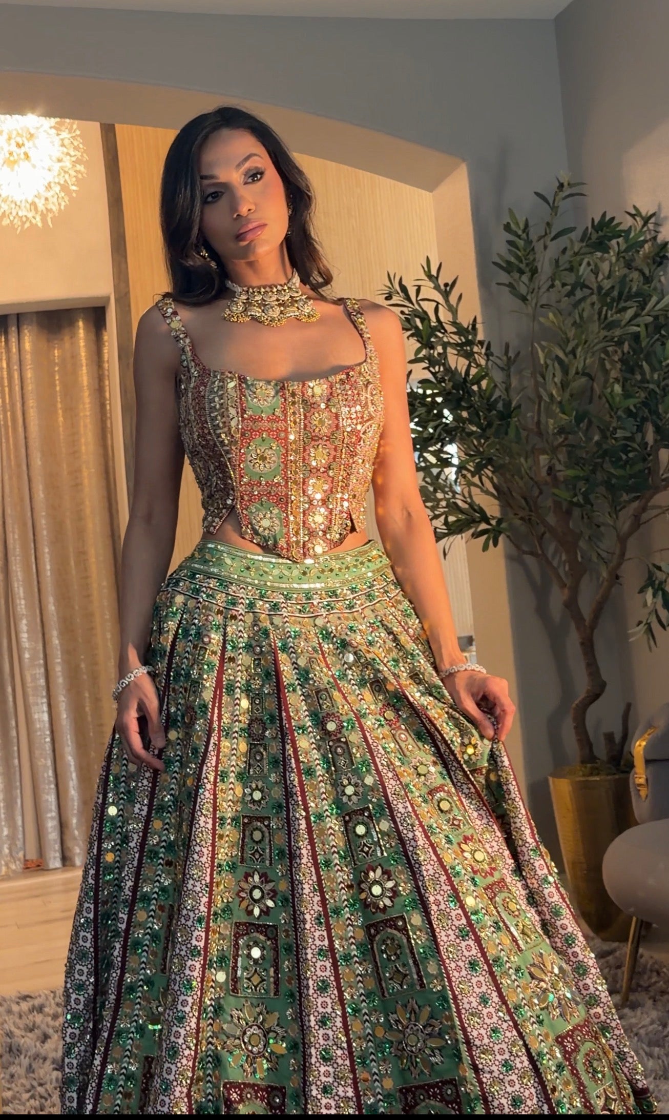Sage-Maroon Corset Blouse and Skirt