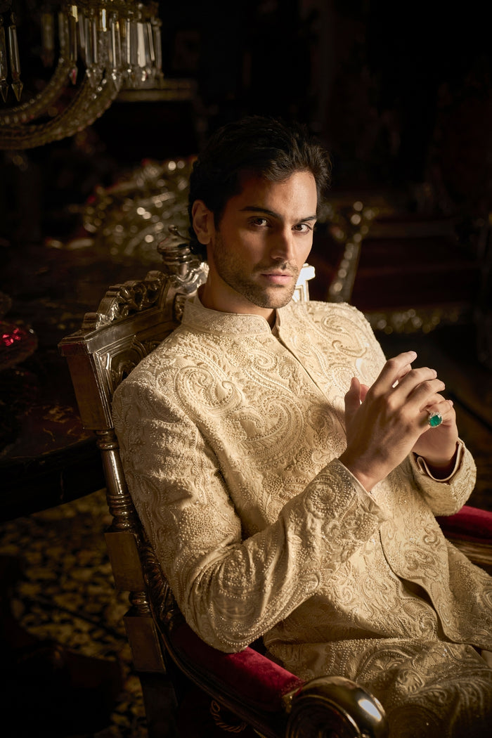 Cream Abstract Sherwani Set