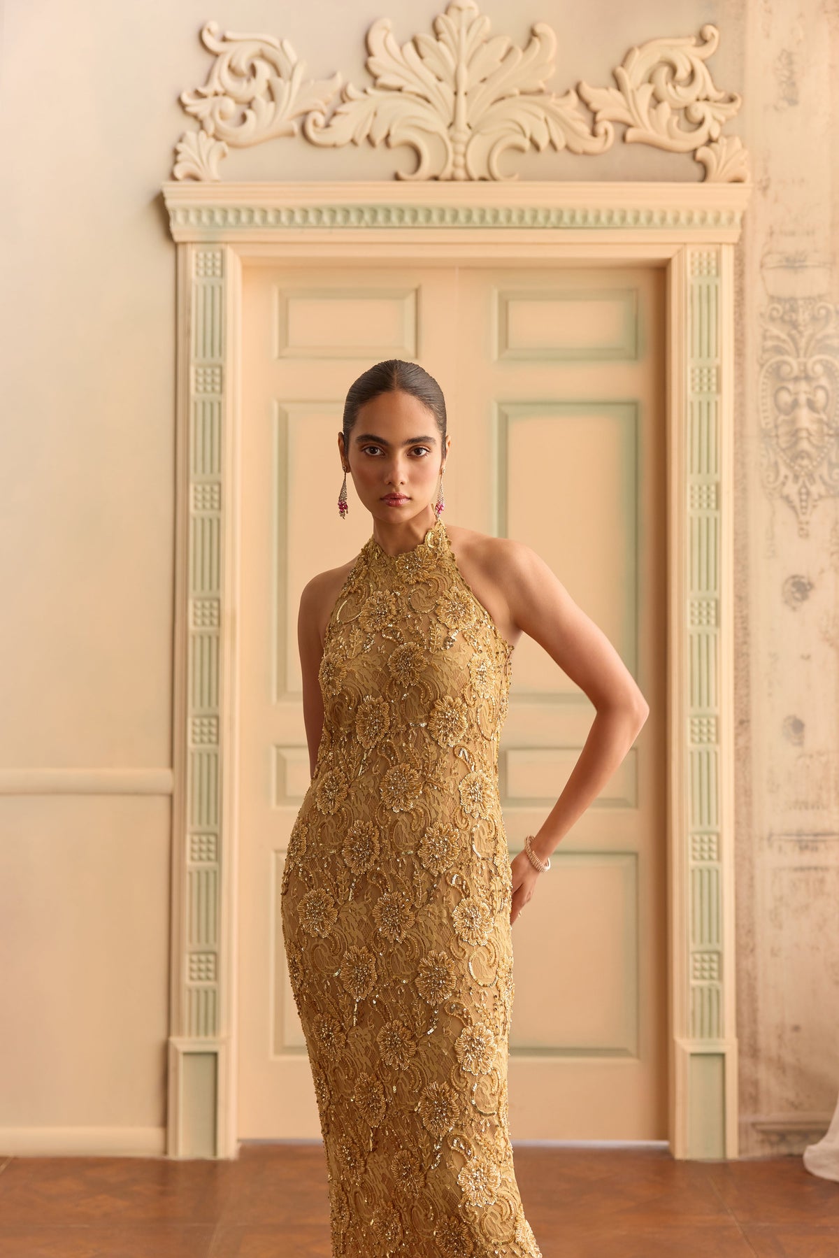 Golden Dusk- Lace Pencil Dress