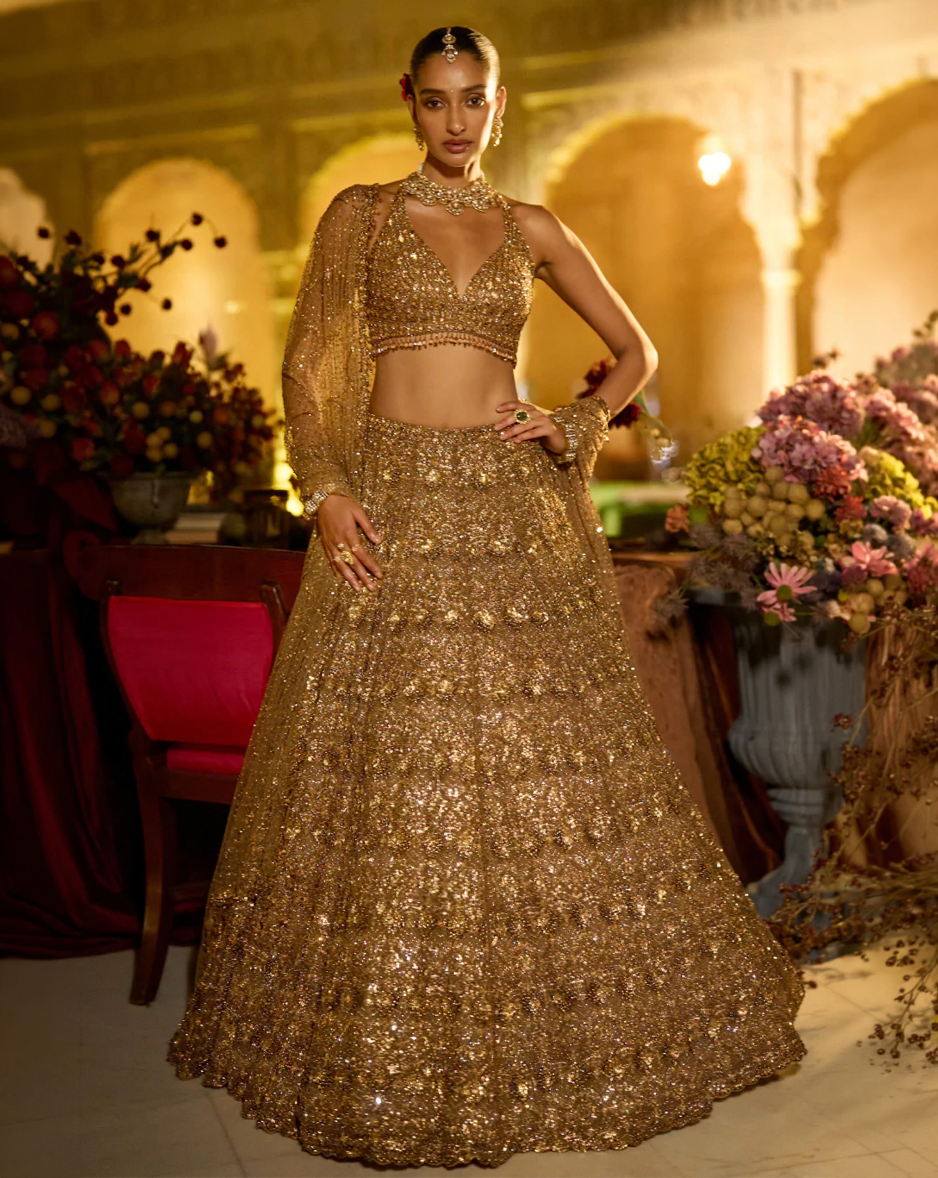 Antique Gold Sequin Lehenga Set